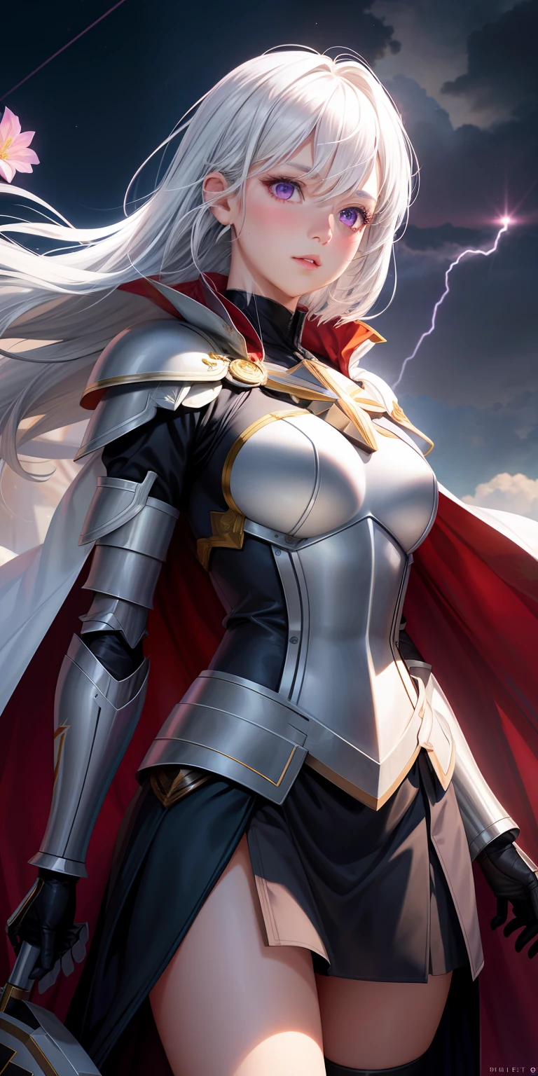 realistic, 1girl, white hair, purple eyes, glowing eyes, skirt, parted lips, blush, night, flowers, sun, sunlight knight armor, cape behind her back, lightning flows around her, standing proud, looking in front,