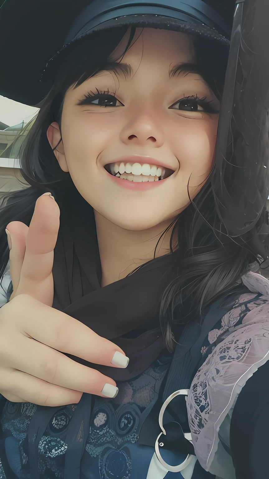 arafed woman in a hat giving a thumbs up sign, she has a cute expressive face, low quality photo, she is smiling and happy, she has perfect white teeths, she expressing joy, she has a cute face, waving and smiling, lovely smile, perfect smile, selfie of a young woman, iphone selfie, beautiful and smiling