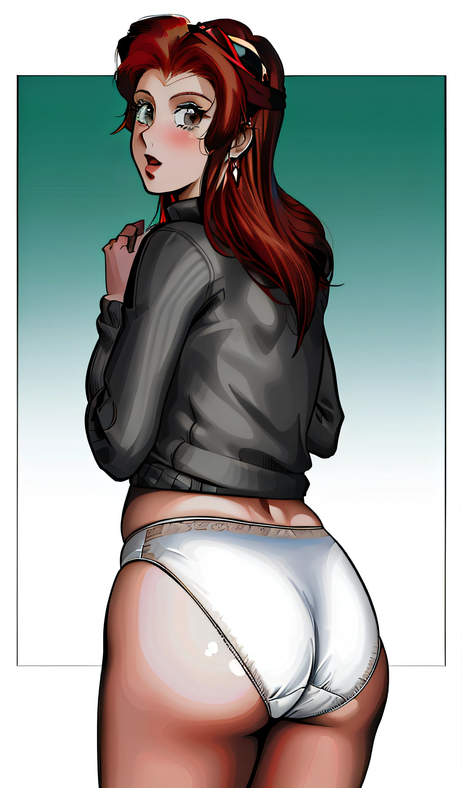 ((masterpiece, best quality)), ((Curvy Red-haired Latina in grey sweater and white granny panties)), started and embarrassed, EUF, comic book art style, intricate details