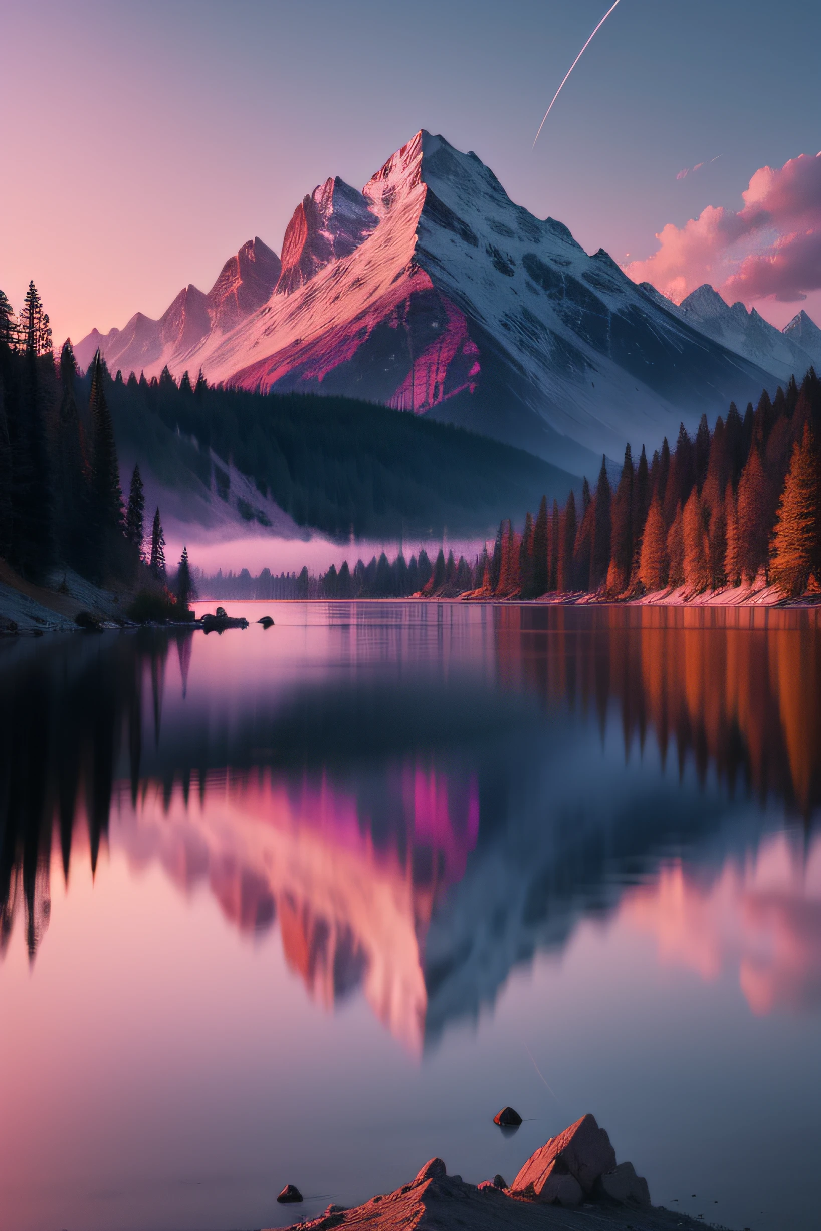 Create a wallpaper of a mountain with lakes in purple color