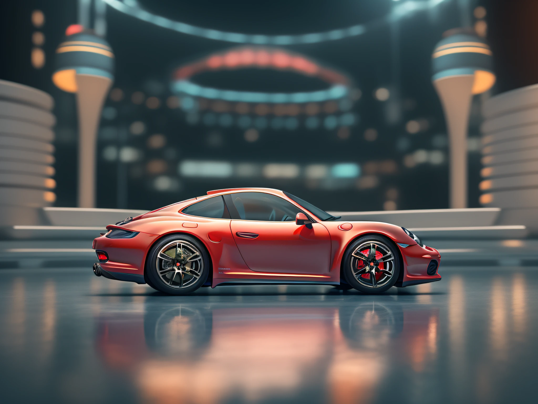 (masterpiece), best quality, cute and adorable 3D render toy art (((1porsche carrera))) on a round metallic stage, full body in corner pose, corner view, glowing lights, beautiful bodywork, with sleek lines and a glossy finish like in GTA games, dazzling composition, symmetry, vivid colors, 3D city view from a balcony in background. 3D animation style, sharp focus, natural lighting, global illumination ,Vray Tracing, ultra realistic, uhd, dslr, 8k