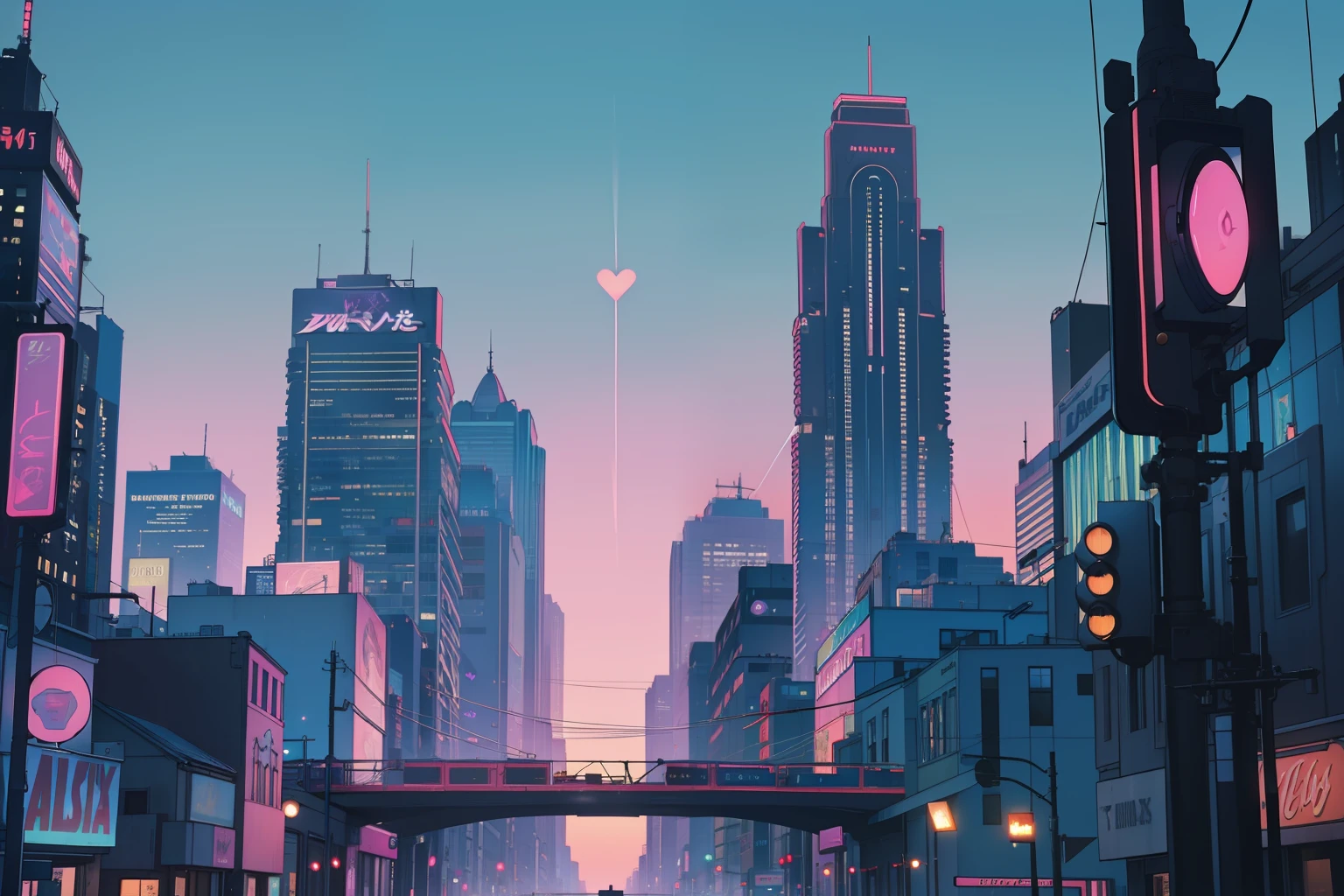 In the heart of the city, skyscrapers silhouette against a pastel sunset sky. Neon lights flicker to life, casting a retro glow on the bustling streets. The scene is enhanced with subtle VHS distortions, creating a lofi cityscape reminiscent of 90s urban dreams. As the city comes alive with vibrant energy, the air is filled with the sound of distant traffic and echoes of laughter