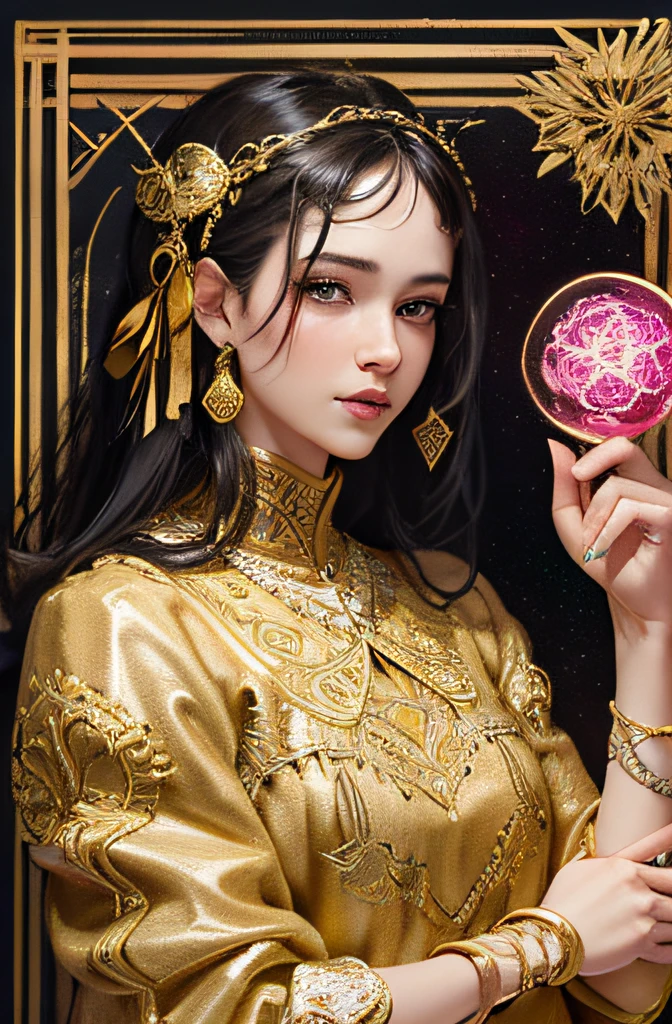 (masterpiece, top quality, best quality, official art, beautiful and aesthetic:1.2), (1girl), extreme detailed,colorful,highest detailed, official art, unity 8k wallpaper, ultra detailed, beautiful and aesthetic, beautiful, masterpiece, best quality, (zentangle, mandala, tangle, entangle) ,holy light,gold foil,gold leaf art,glitter drawing, PerfectNwsjMajic