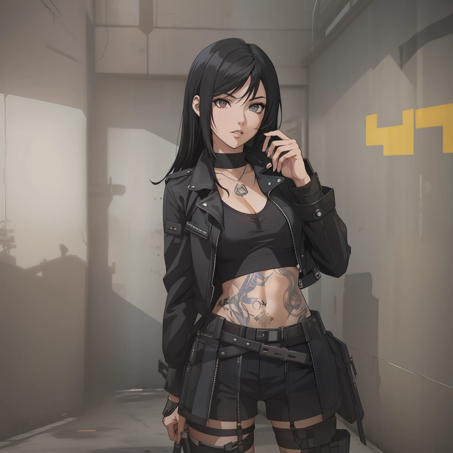 There is a woman with a tattoo on her chest and a black jacket, photorealistic anime girl rendering, Estilo anime 3D realista, Jet Black Haired Cyberpunk Menina, anime estilo 3d, Retrato de Tifa Lockhart, Retrato de Tifa Lockhart, Tifa Lockhart, tifa lockheart, noire cena mal-humorada, estilo realismo anime, menina de anime cyberpunk feminino