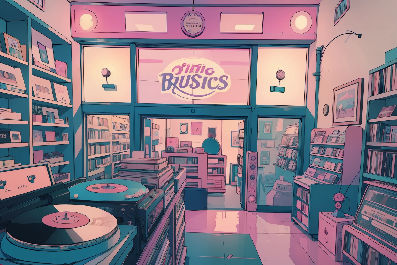 Inside a retro record store, pastel hues of blues and pinks set a nostalgic tone. Vintage VHS-style distortions give the scene a lofi charm. The air is filled with the rich sounds of vinyl records playing classic tunes. Customers browse through shelves, discovering hidden musical gems, turning the record store into a sanctuary of musical bliss