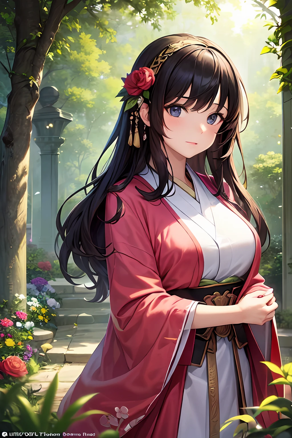 Focus on the person. We create and express the best shining composition of the person. ((Masterpiece)), (((highest quality)))), ((Ultra detail)), (Ultra realistic), (Highly detailed CG illustrations), (Very delicate and beautiful), Girls as masterpieces, highest quality, realistic skin, realistic fabrics, realist illustrations focusing on girls with realistic and ultra-detailed eyes in the center front. This is the absolute rule, and the following sentence expresses the image quality. It is the greatest masterpiece in the history of the class of Inuitsuki Ichigo, in which the owner of the greatest painting talent in human history met an unparalleled beauty and risked his life to depict the most beautiful figure. Create stunning anime artwork that is currently trending on seaStation, showcasing exquisite beauty and captivating aesthetics. 
"Imagine a scene from a fantasy novel. Two sisters endowed with beauty that captivates any heart stand in the middle of a mysterious garden. The garden is a colorful riot, with flowers of all colors blooming under the gentle sunshine. The sisters, rolling their eyes curiously, explore this magical place. The older sister, with her black hair flowing down her back, wears the traditional uniform of the Japan. The younger sister wears a delicate pink dress, with a cascade of brown curls with hair. Their expression of joy and curiosity makes them even more adorable. This image is a testament to the skill and creativity of the artist who captured the pure magical moment."