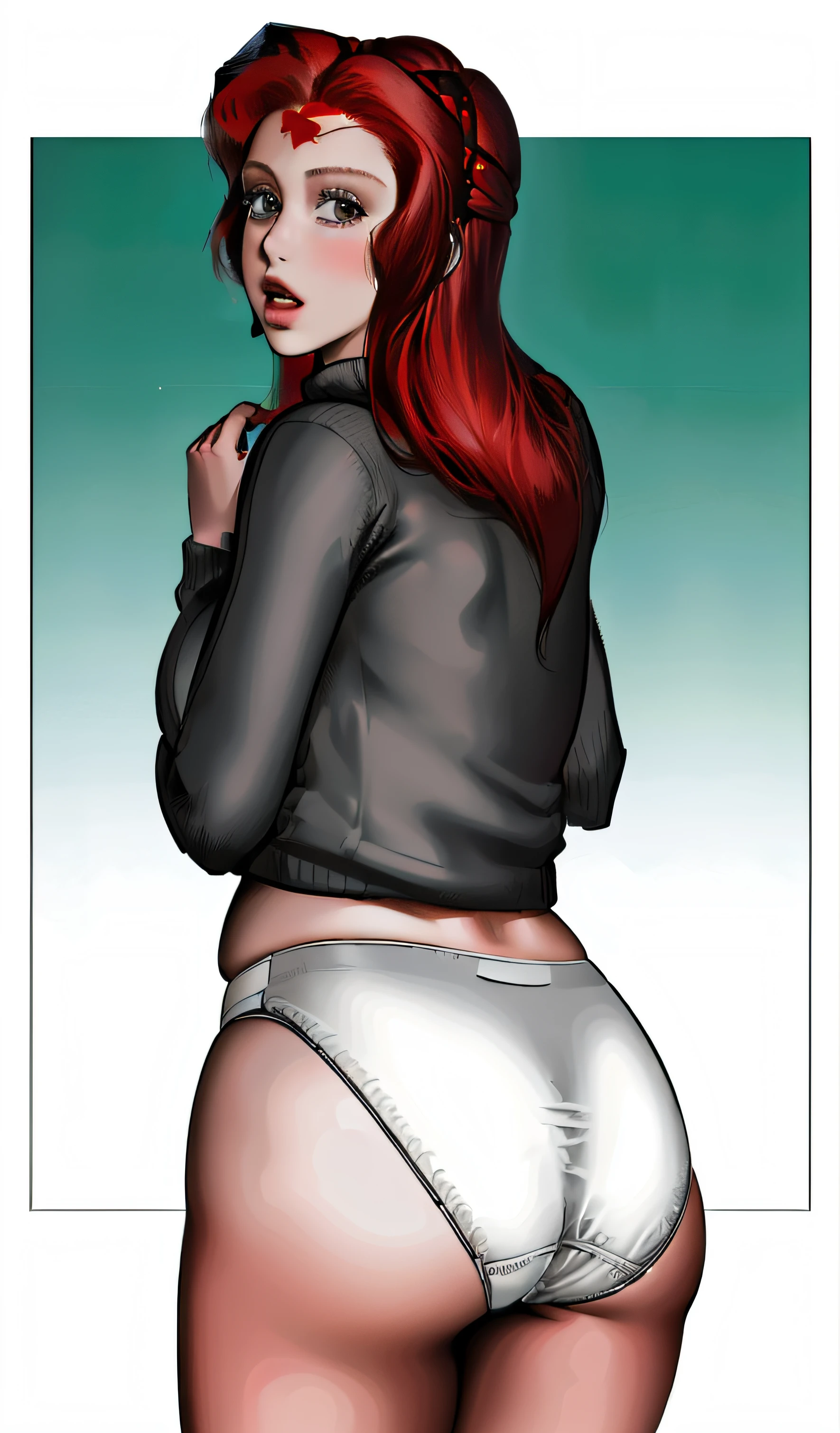 ((masterpiece, best quality)), ((Curvy Red-haired Latina in grey sweater and white granny panties)), started and embarrassed, EUF, comic book art style, intricate details