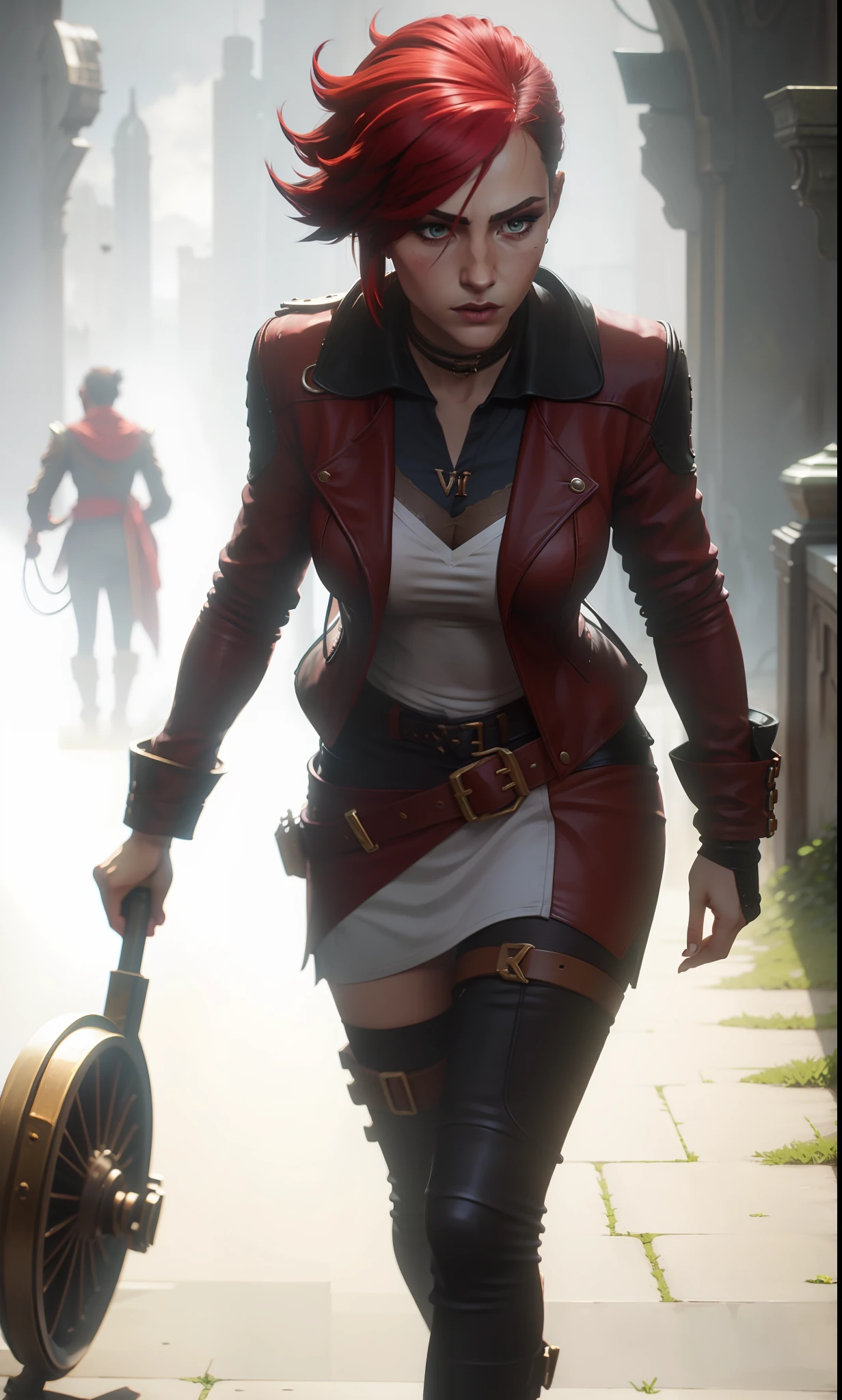 Estilo Arcane, uma garota de cabelo curto e vermelho, is in leather jacket, Vi de Arcano. Vi. Vi de Arcano. Ela usa uma jaqueta de couro. . Vi de Arcane. VI