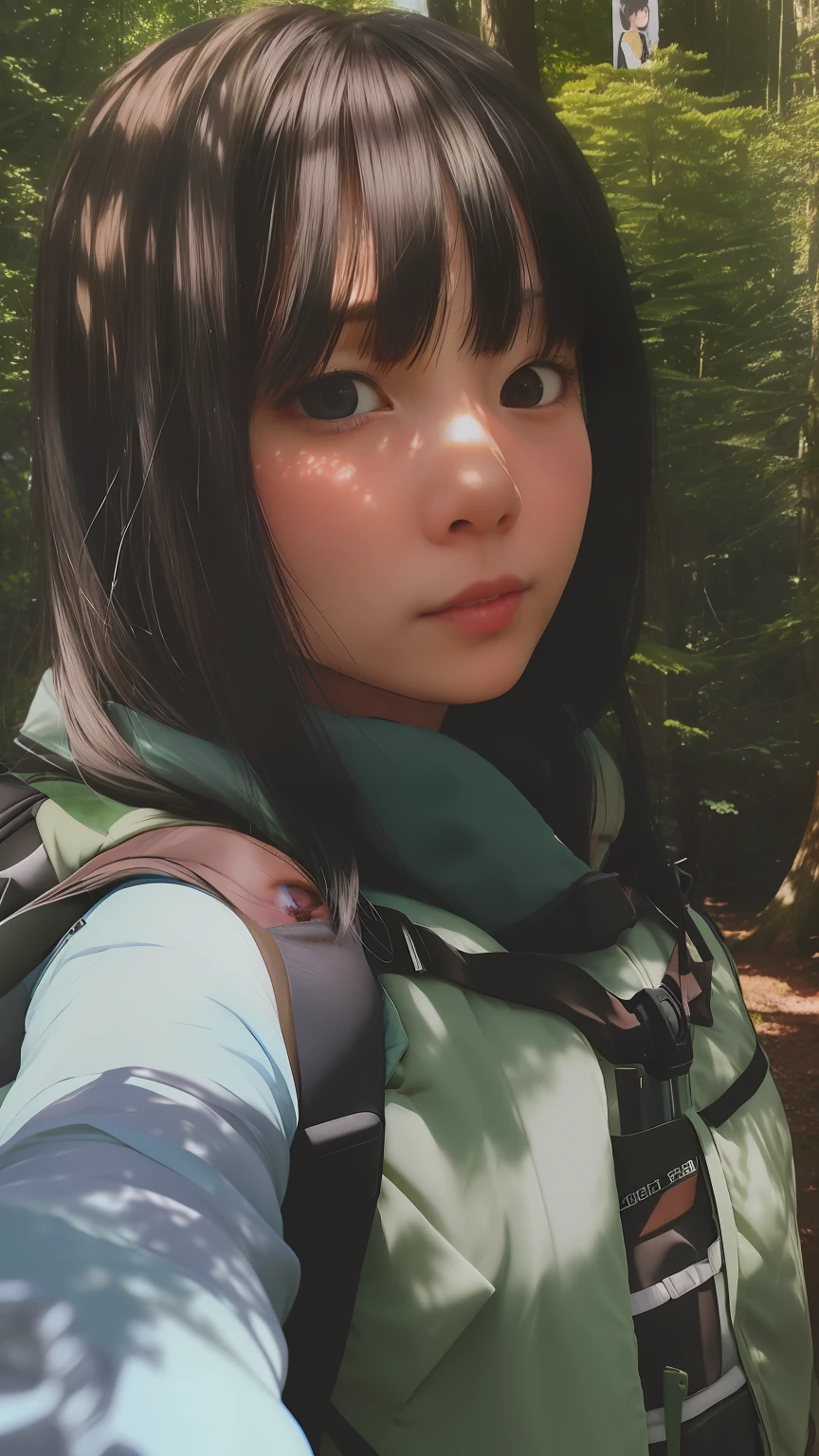 arafed woman taking a selfie in the woods with a backpack, 🤤 girl portrait, selfie of a young woman, 8k selfie photograph, she has black hair with bangs, with bangs, profile picture, profile pic, dang my linh, chiho, lofi portrait, lofi girl, with long hair, leaked image, ruan cute vtuber