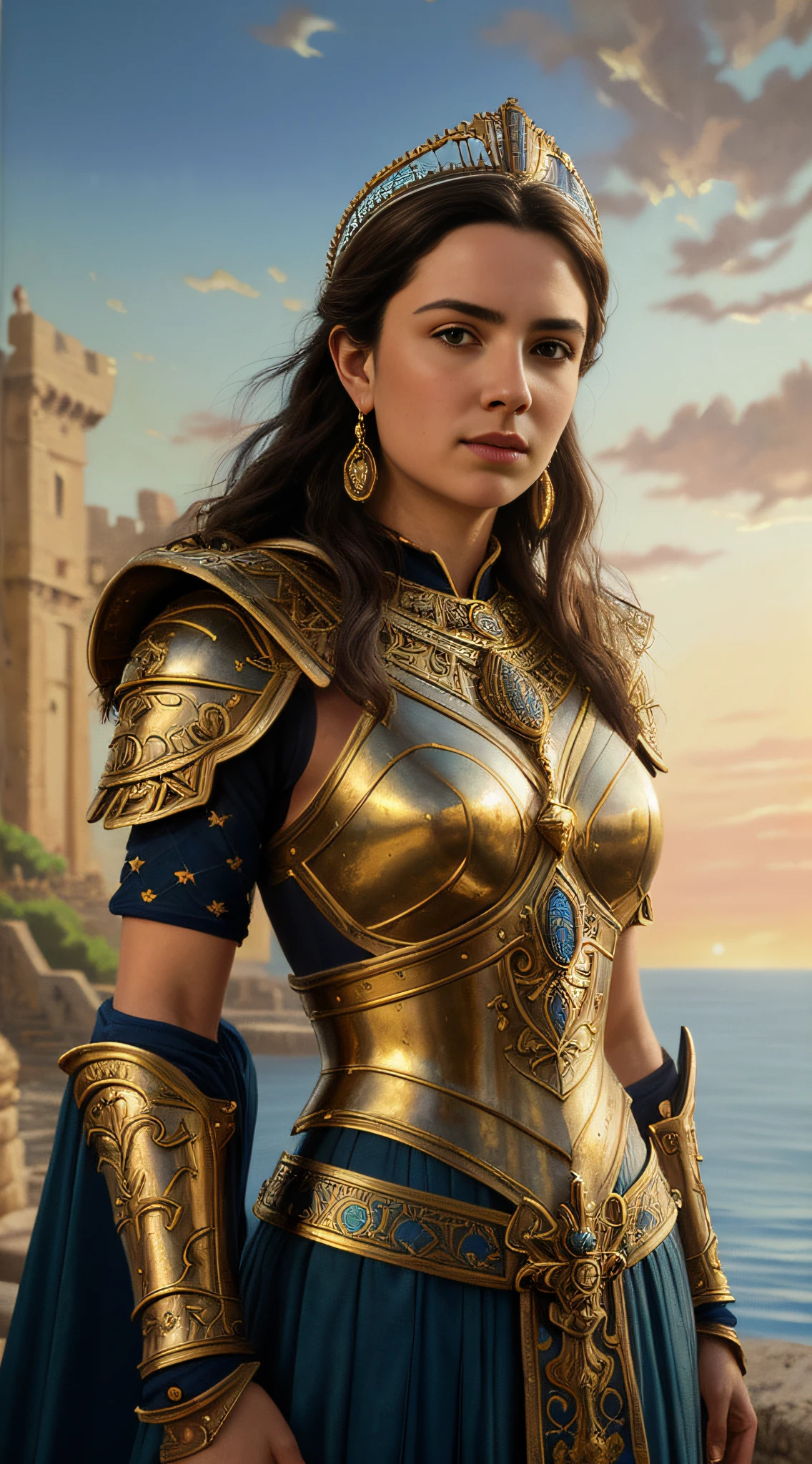 (masterpiece, UHD, oil painting, Greg Rutkowski style:1.2), Queen Artemisia I, (ornate armor:1.2), glistening sword in hand, 5th-century BC Caria, city walls in the background, blue Aegean sea, (golden sunset:1.1), vibrant and rich colors, proud and fearless expression, dynamic angle, extreme close-up.