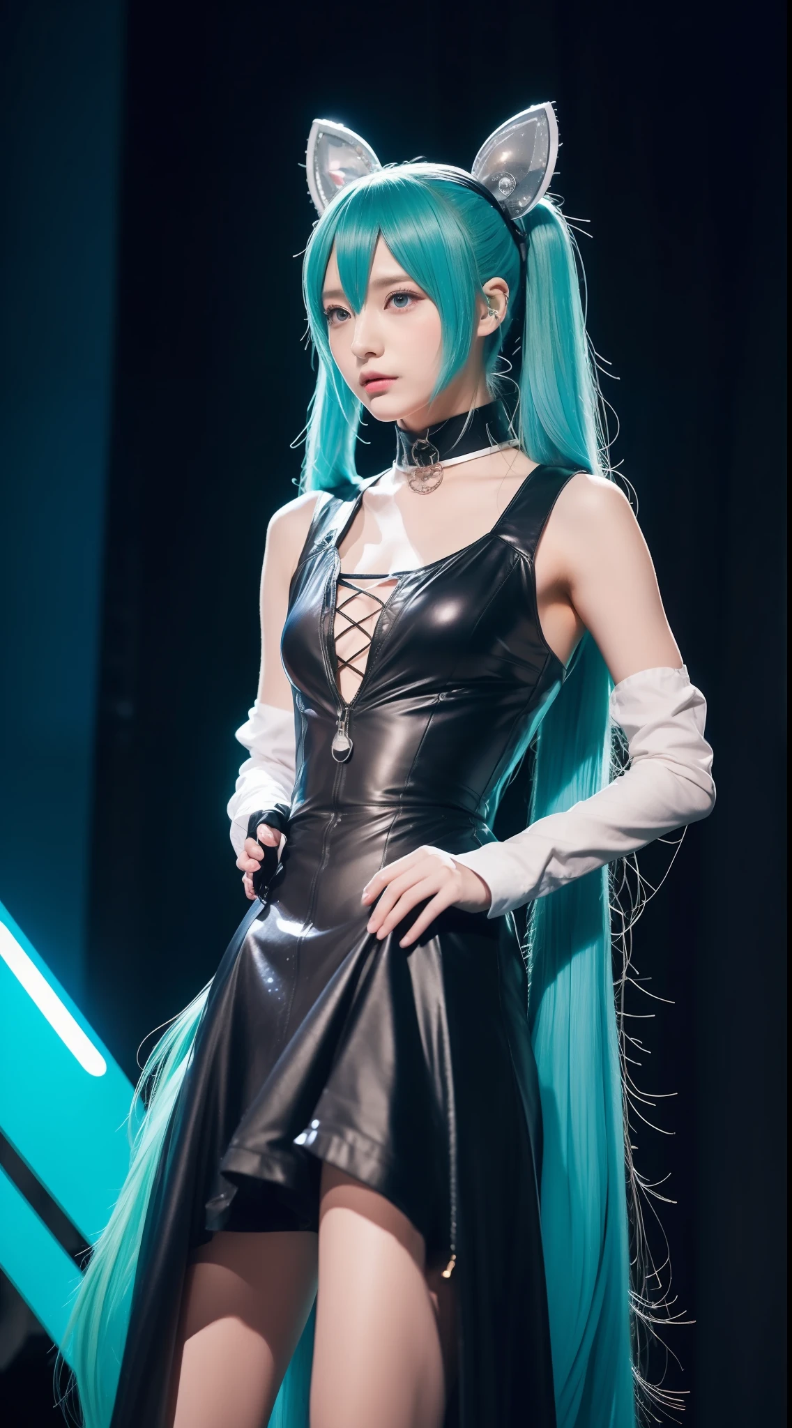(((Top image quality、8K、​masterpiece、top-quality、1人の女性)))、((Beautie、Beautuful Women、kawaii、The face is orderly、Double eyelids、The whole body is shown))、(ighly detailed:1,3)、Hatsune Miku Cosplay、Twin-tailed、Blue hair、In-game world、Wearing Hatsune Miku clothes、Live performance venue、stage