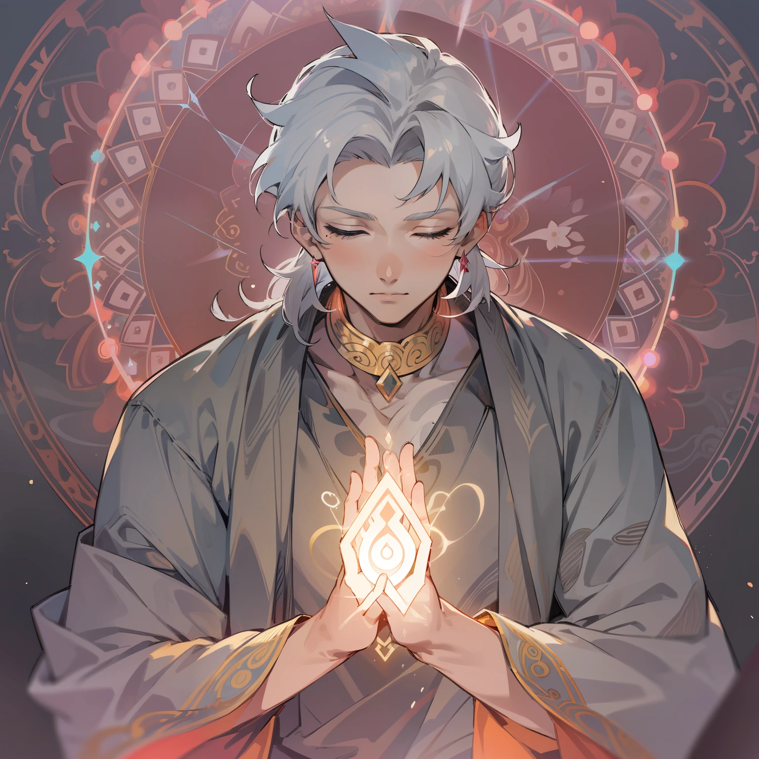 1adult, ((adult)), eyes closed, grey hair, indian dress, praying, ((light energy aura)), ((man)), ((adult)), 30 years old, anime ,young man