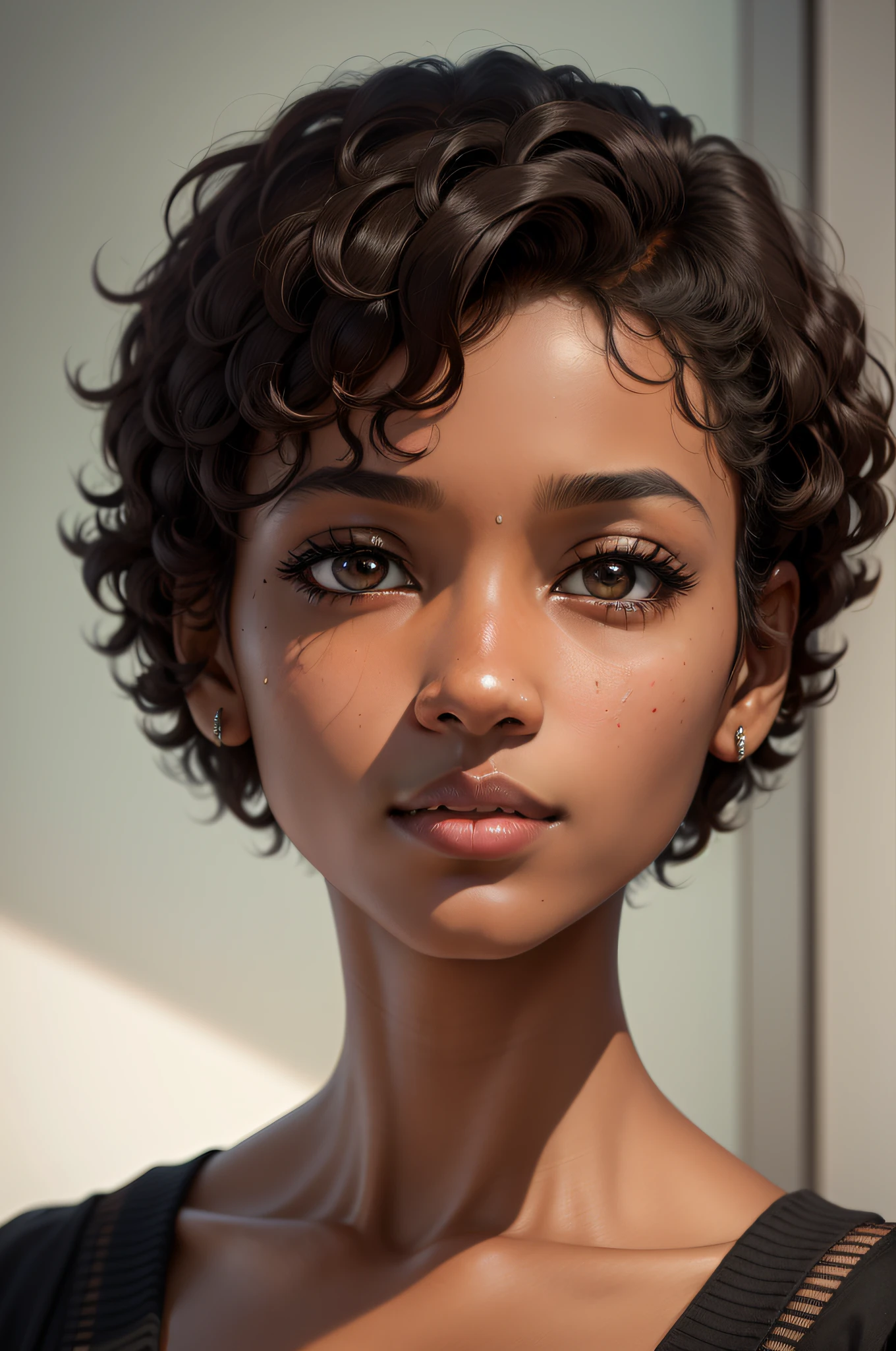 1 woman, close up, face only, portrait, masterpiece, curly short hair, dark skin, tanned, black eyes, looking up front,
