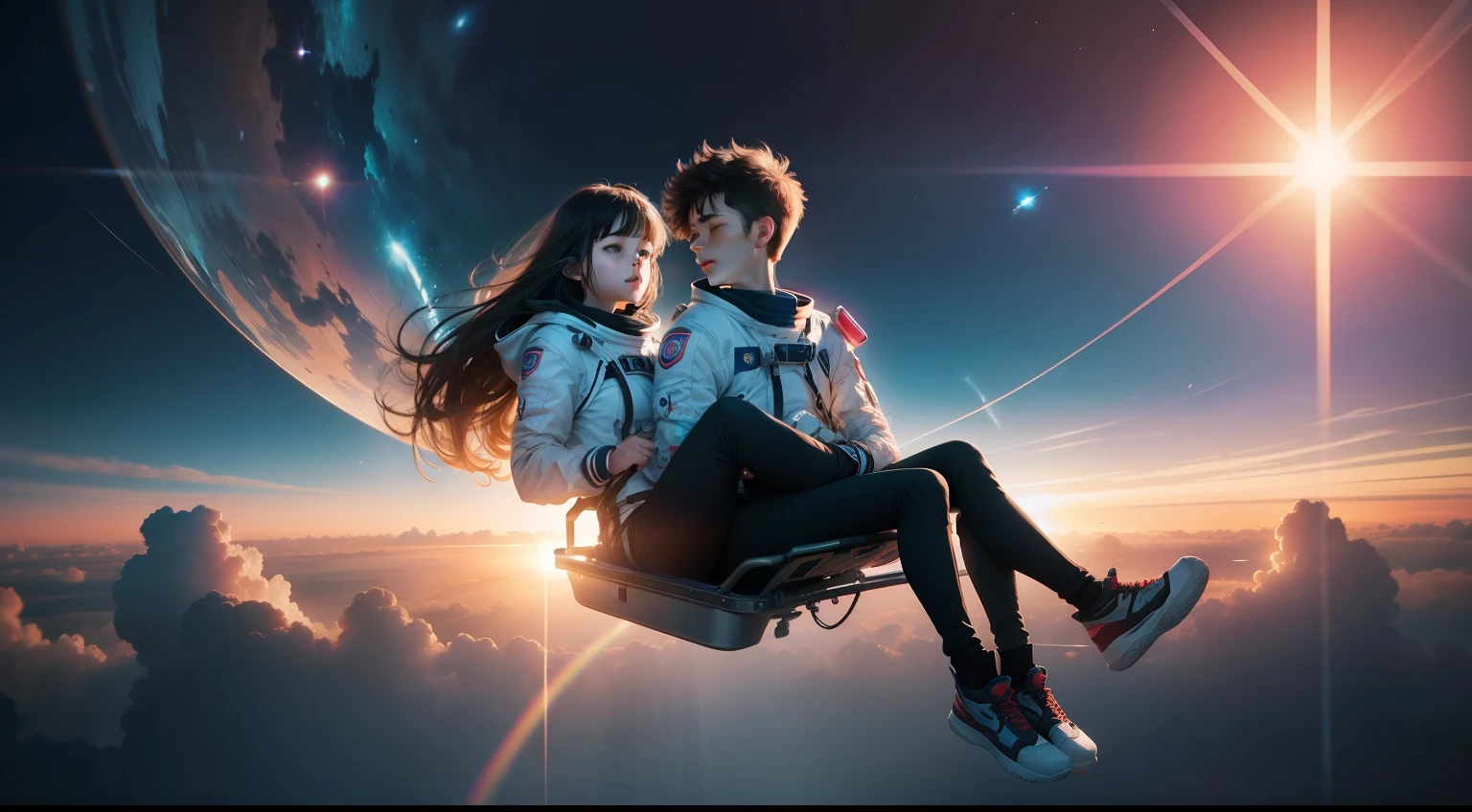 Make a ager with his girlfriend floating in space with their faces blurred by sunlight