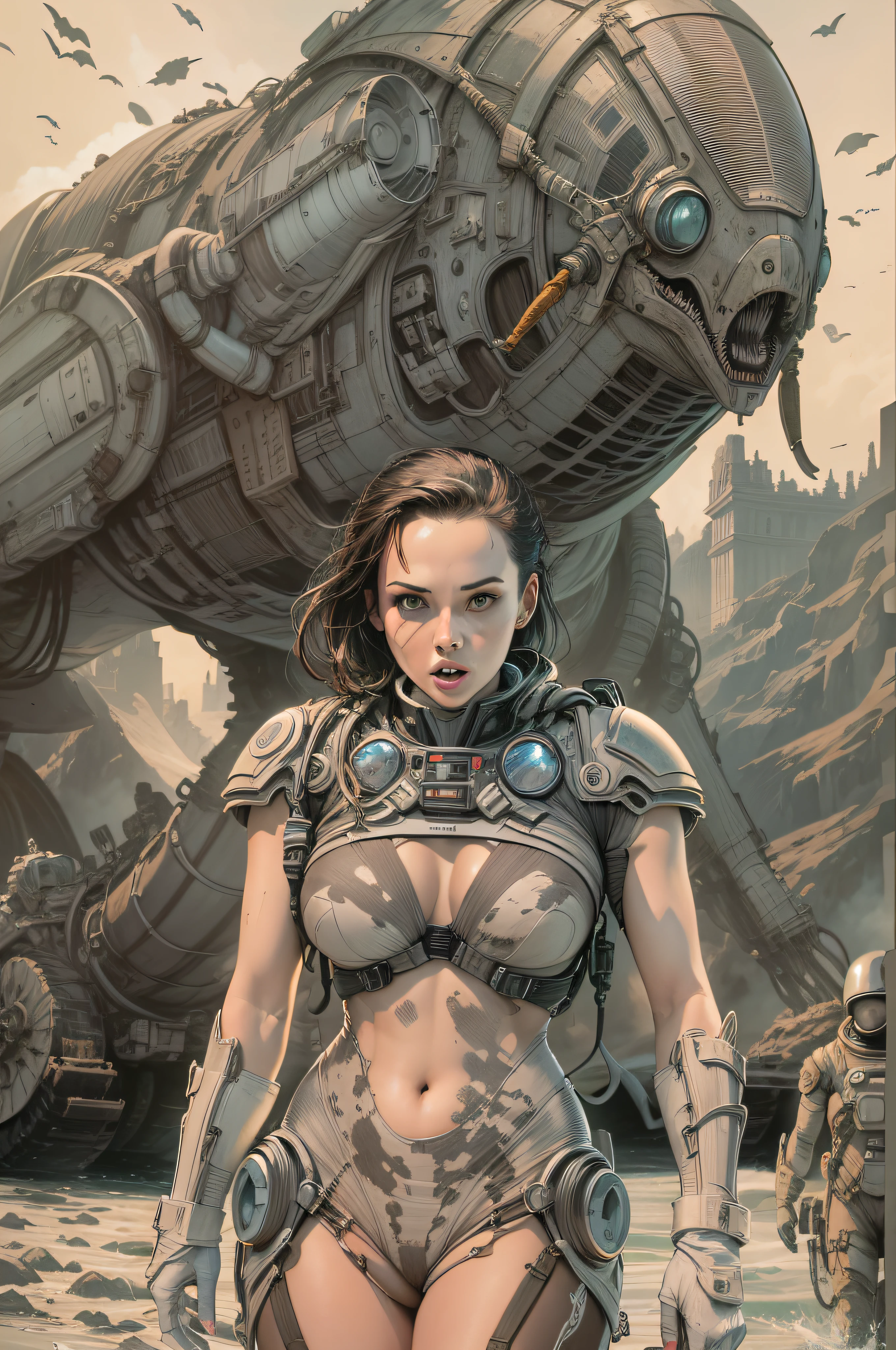 en estilo comic, basado en la pelicula prometheus, mujer perteneciente a la tripulacion de la spacecraft prometheus, exuberante y voluptuosa