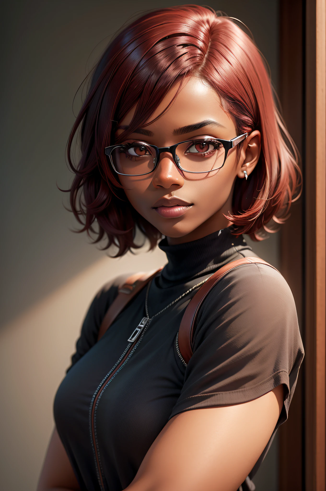 1 woman, portrait, wearing glasses, dark skin, black eyes, dark eyes, short straight hair, dark red hair, red hair, masterpiece, hd