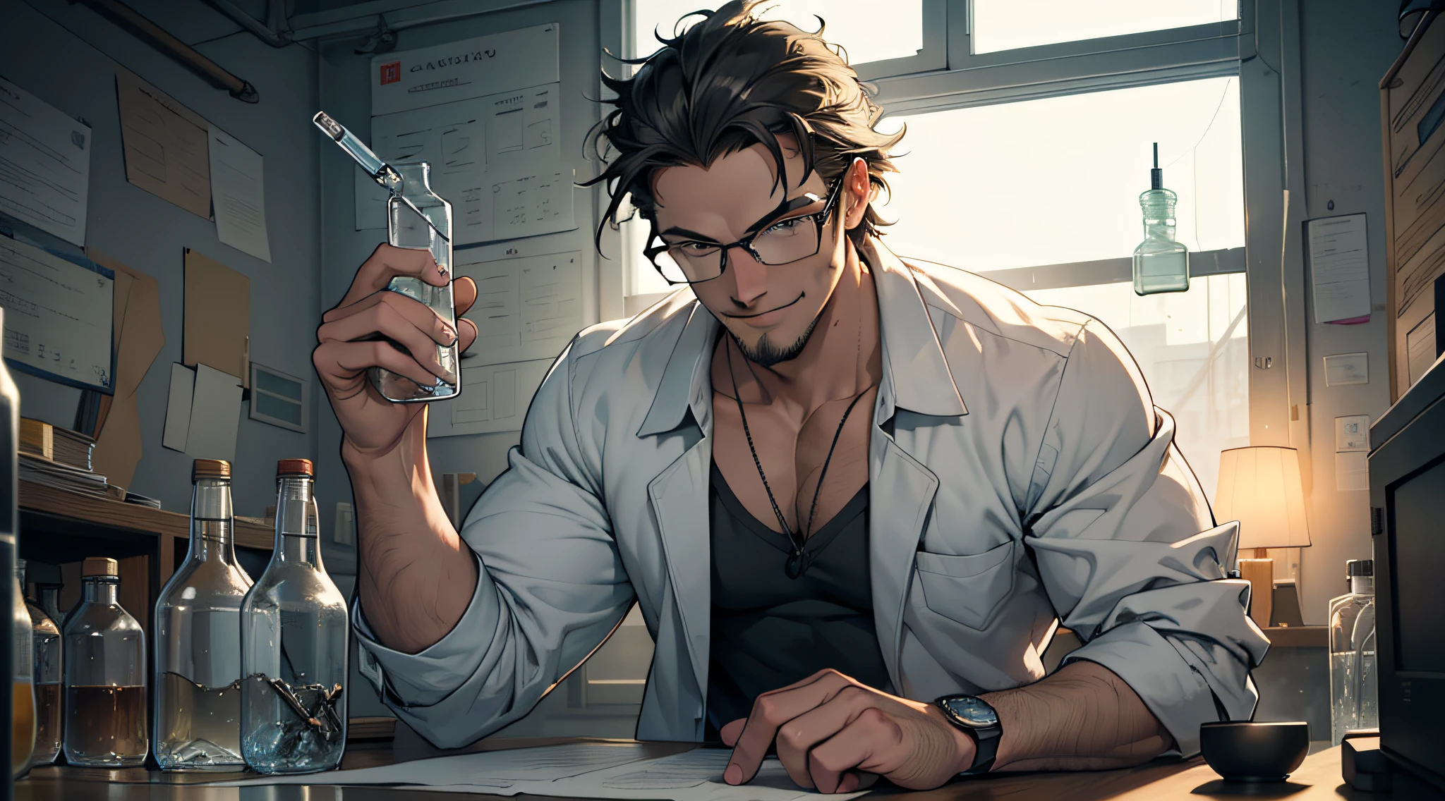 ((alta qualidade)), ((obra-prima)), 8k, papel de parede 8k de unidade CG extremamente detalhado, masterpiece, best quality, 1 male, adult, handsome, tall muscular guy, broad shoulders, finely detailed eyes and detailed face, extremely detailed CG unity 8k wallpaper, intricate details, complicated laboratory, mad scientist, messy hair, forehead, glasses, desk full of junk, test tube, bottles, Window, hold test tube, evil smile