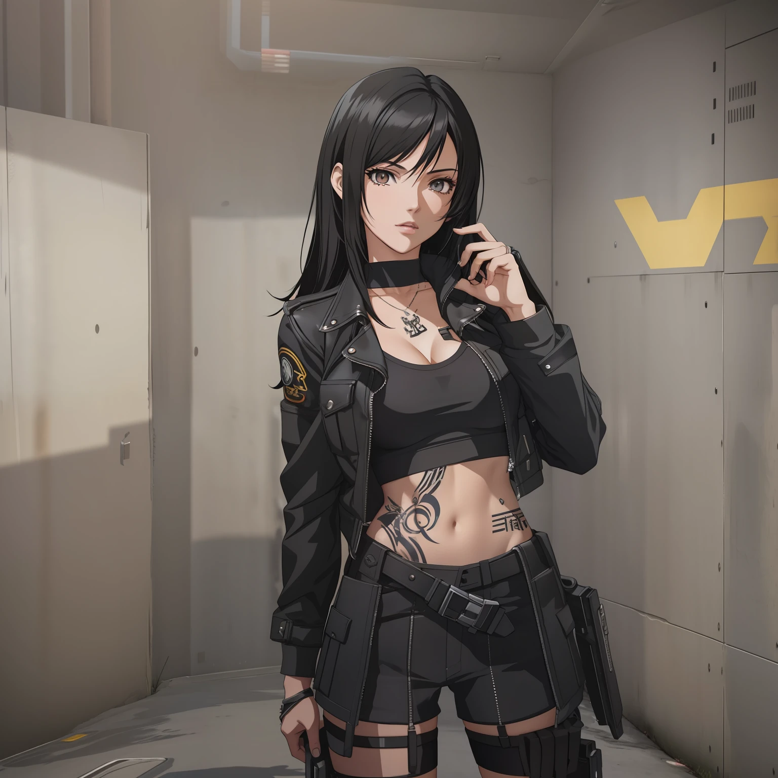 There is a woman with a tattoo on her chest and a black jacket, photorealistic anime girl rendering, Estilo de anime 3D realista, Jet Black Haired Cyberpunk Menina, Anime estilo 3D, Retrato de Tifa Lockhart, Retrato de Tifa Lockhart, Tifa Lockhart, tifa lockheart, noire cena mal-humorada, Estilo Realismo Anime, menina de anime cyberpunk feminino