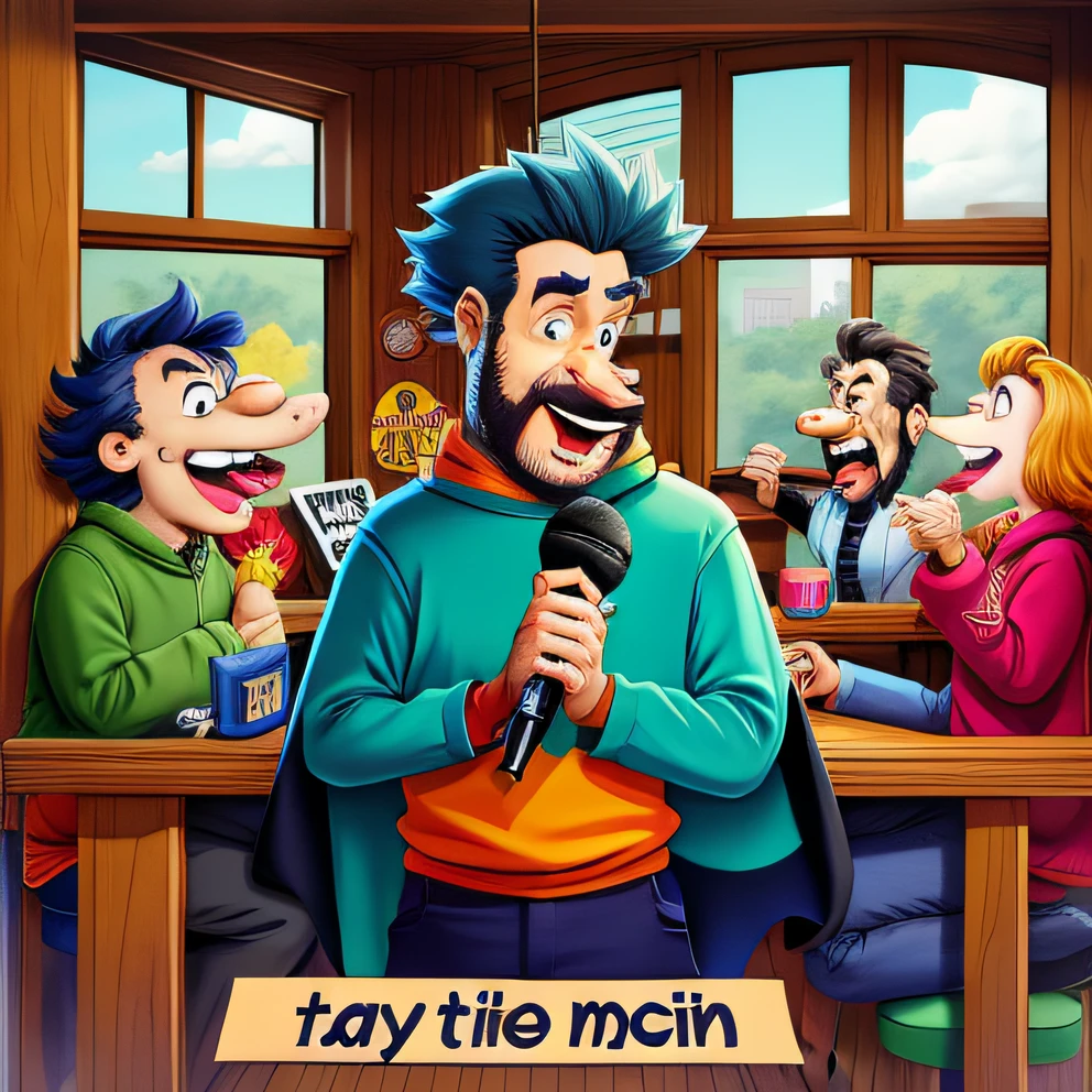 desenho animado de um homem com um microfone em um bar com outras pessoas, Brinquedo, Toony, brinquedoteca, arte oficial, toon rendering, Arte no estilo de Joshy Sly, in cartoon style, No estilo de Tony Start, lofi album art, por Toyen, new album cover, album cape, arte dos desenhos animados, capa do cd