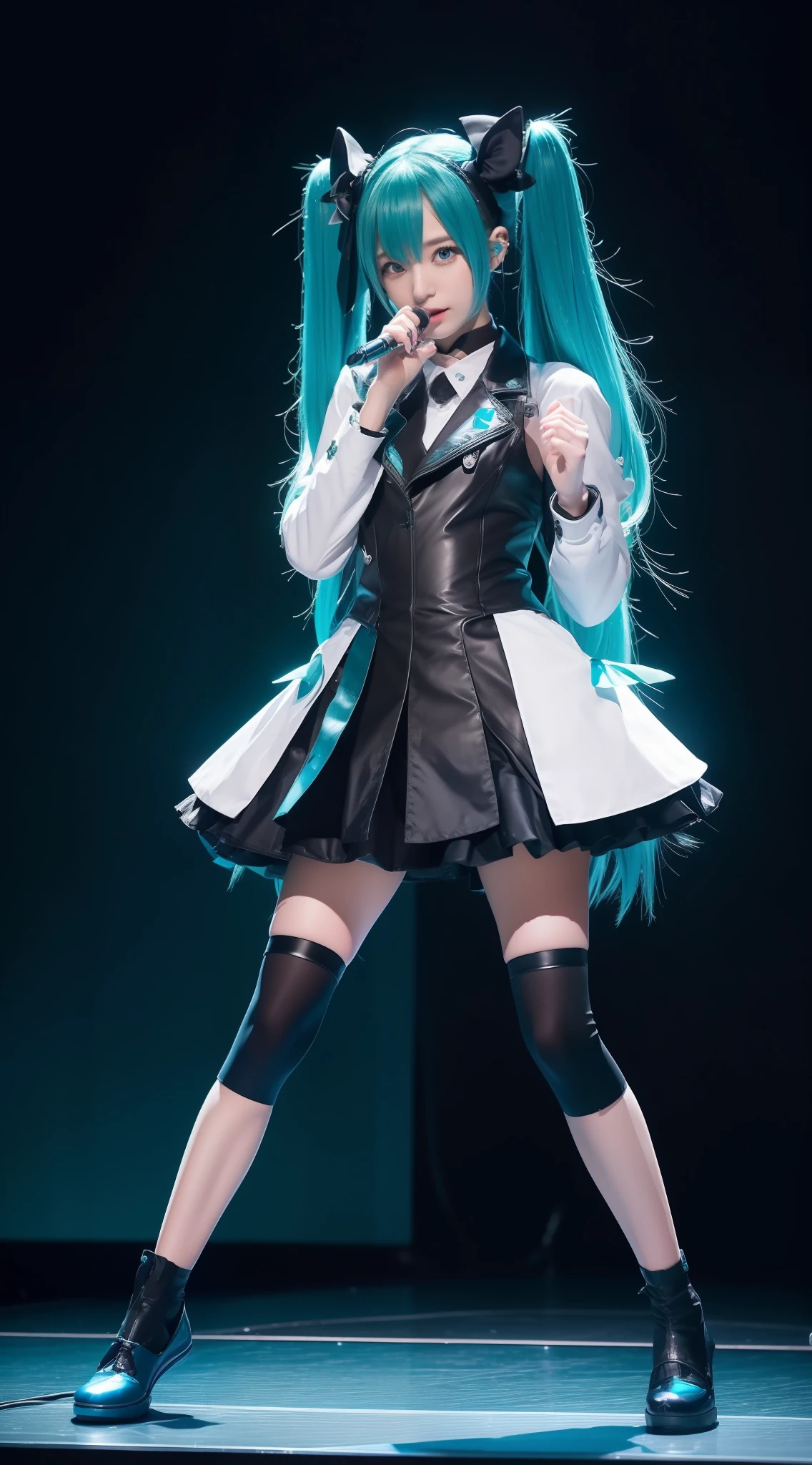 (((Top image quality、8K、masterpiece、top-quality、1人の女性)))、((Beautie、Beautuful Women、kawaii、The face is orderly、Double eyelids、The whole body is shown))、(ighly detailed:1,3)、Hatsune Miku Cosplay、Twin-tailed、Blue hair、In-game world、Wearing Hatsune Miku's clothes、Live performance venue、stage、Like Hatsune Miku