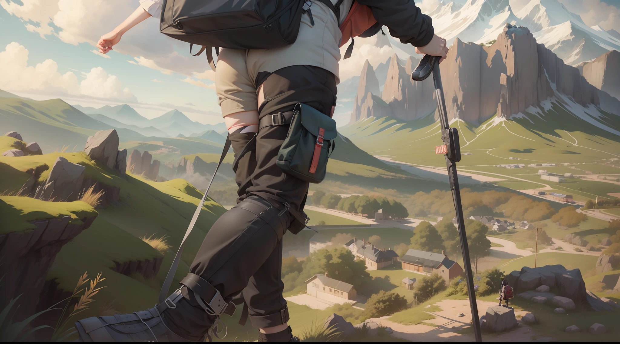 A girl with a backpack, a girl with black hair, on top of a mountain, anime style, cartoon style.