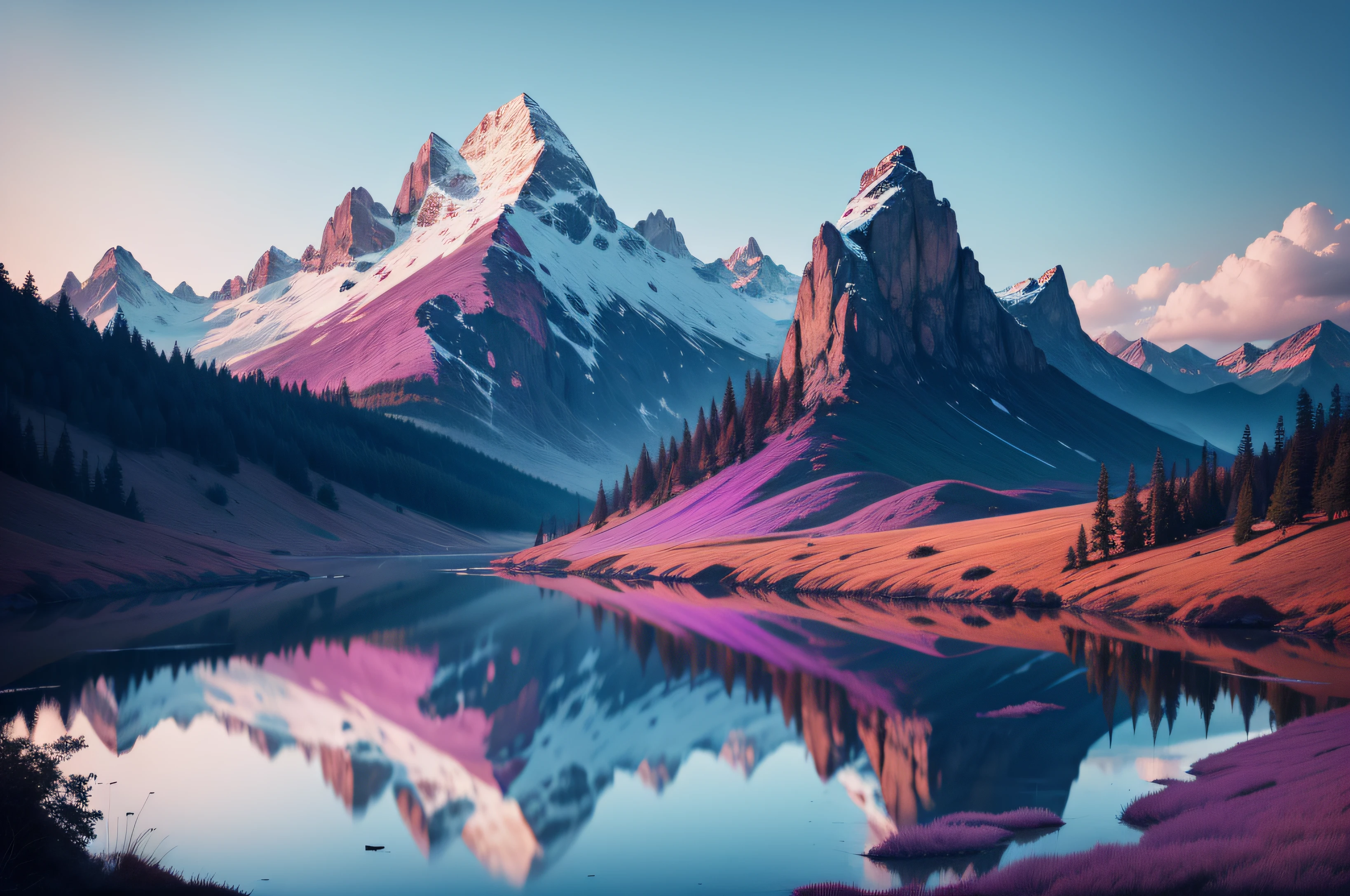 criar imagem de montanha e lago roxo estilo 2D
