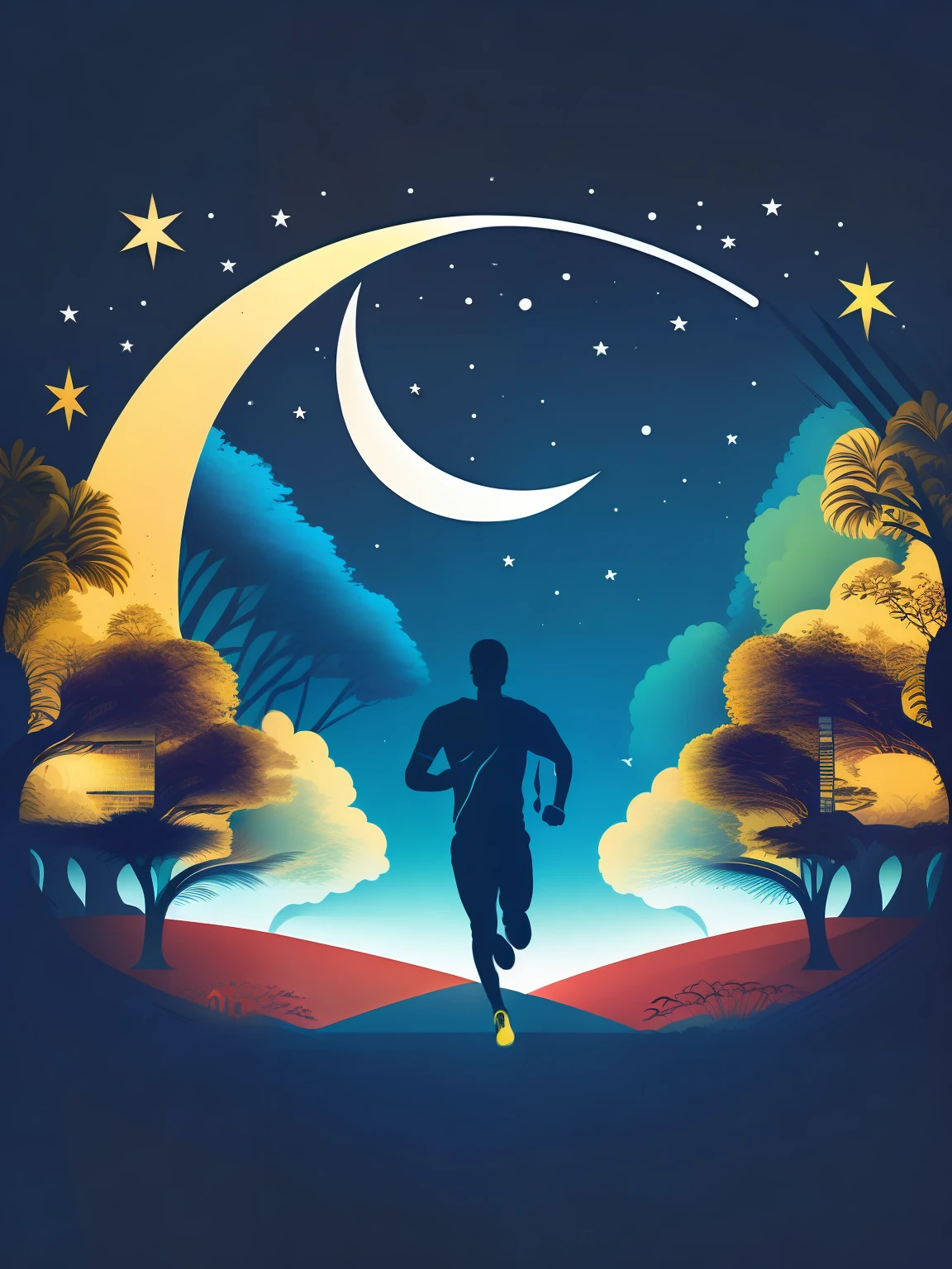 Running man on the park with tree in the city with high buiding in the night and half moon, tshirt design, rzminjourney, vector-art