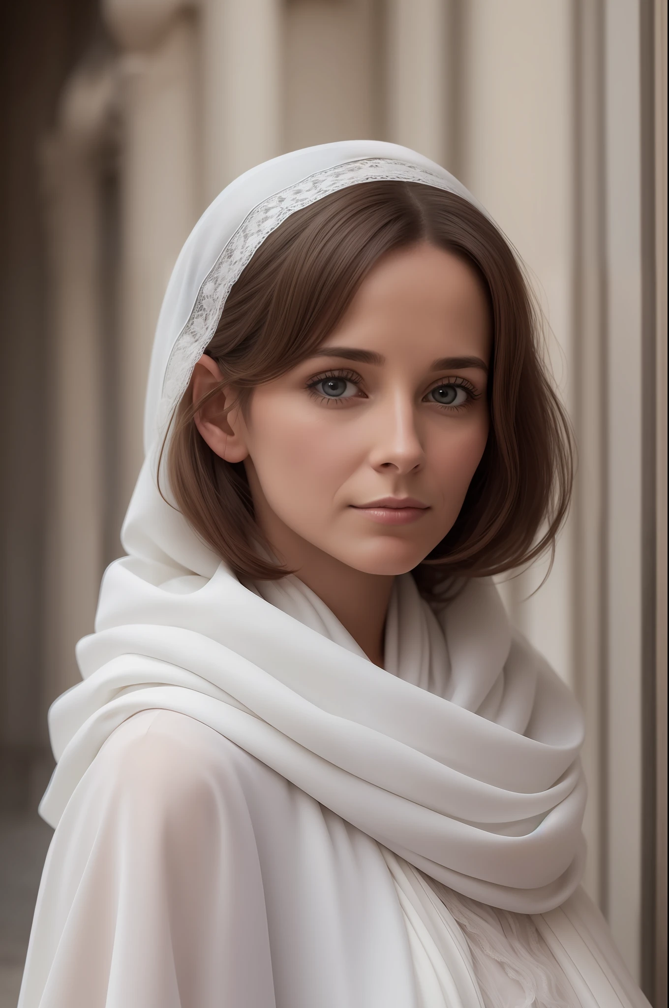 Une photographie une femme magnifique, forty years old , odd, hair standing on the head, with a white shawl, Realistic human, avec des rides, very clear, very accurate, detailded