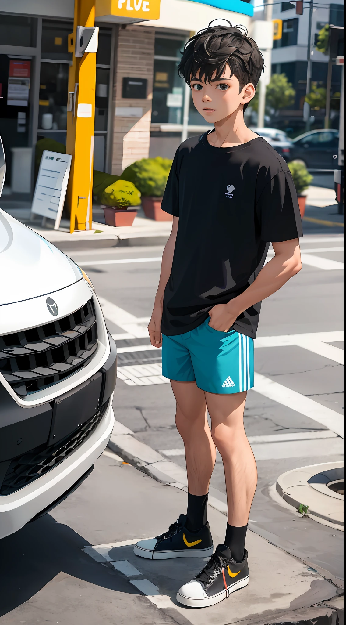 um garoto chamado John de 15 anos de idade, corpo inteiro, standing looking to the side, Side view, wearing blue shorts and plain black T-shirt without print and black sneakers, pele branca, olhos pretos, fleshy lips, cabelo preto liso curtos, small hands. Absurdo, melhor qualidade, sozinho. The image is about a 15-year-old who is standing looking to the side in side view wearing blue shorts, black T-shirt and black sneakers.