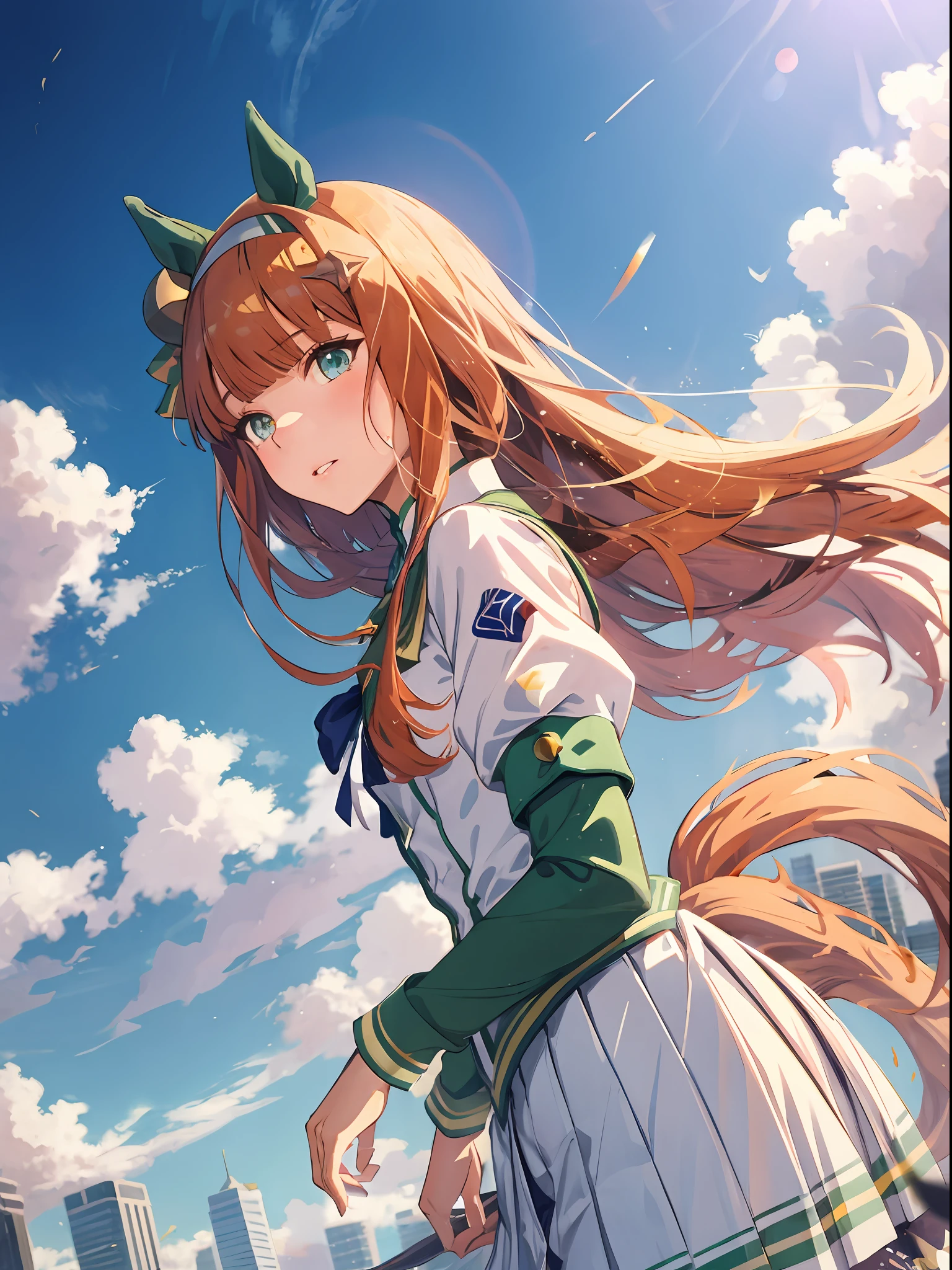 topquality, Horse Girl, Quiet Suzuka, ((Uma Musume))), Perfect skin, realisic skin, Detail Skin, 8K, the perfect body, perfect foots, tail, white clothes with gold patterns, golden ceiling skirt, white skirt, Sky City, clouds, blue sky