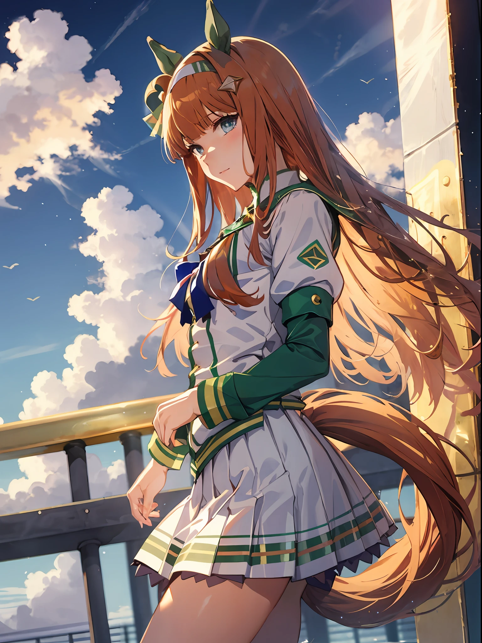 topquality, Horse Girl, Quiet Suzuka, ((Uma Musume))), Perfect skin, realisic skin, Detail Skin, 8K, the perfect body, perfect foots, tail, white clothes with gold patterns, golden ceiling skirt, white skirt, Sky City, clouds, blue sky
