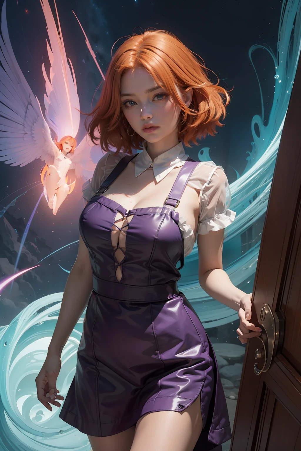 concept art, overhead angle of a Will-o'-the-wisp, wearing Funny Somali Emerald deep orange Pinafore, Caramel hair styled as Short hair, fluorescent purple Hair tie, equirectangular 360, Highres,  [(art by Willi Baumeister:1.1), (art by John T. Biggers:1.2)::17], official art, unity 8k wallpaper, ultra detailed, aesthetic, masterpiece, best quality, photorealistic
