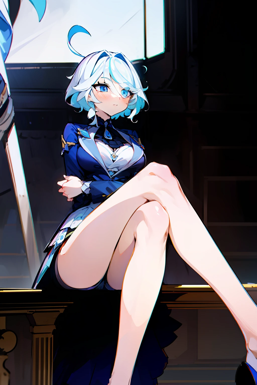 (masterpiece),best quality, expressive eyes, perfect face,w sitting, w sitting on ground, legs on ground, 1girl,
big breast, H-cup, good breast,Focalors, crossing arms,