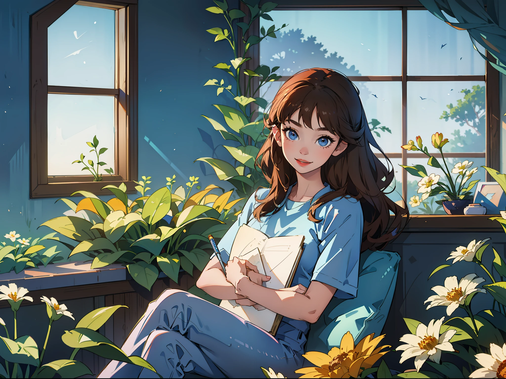 A young, smiling and cheerful girl sitting on a chair in a kitchen, drawing in a notebook. The kitchen is well-lit and has a large window overlooking a garden. The girl is wearing a blue T-shirt and jeans, and has long brown hair. She is holding a pencil and a notebook, and is drawing a portrait of someone. The girl is smiling and looks very happy. The kitchen is clean and tidy, and has a welcoming atmosphere. The garden is full of flowers and trees, and looks very peaceful. The image is very clear and detailed, and it is easy to see the expression on the girl's face and the details of her drawing. The image is very beautiful and inspiring, and gives the feeling that the girl is living a very happy moment.