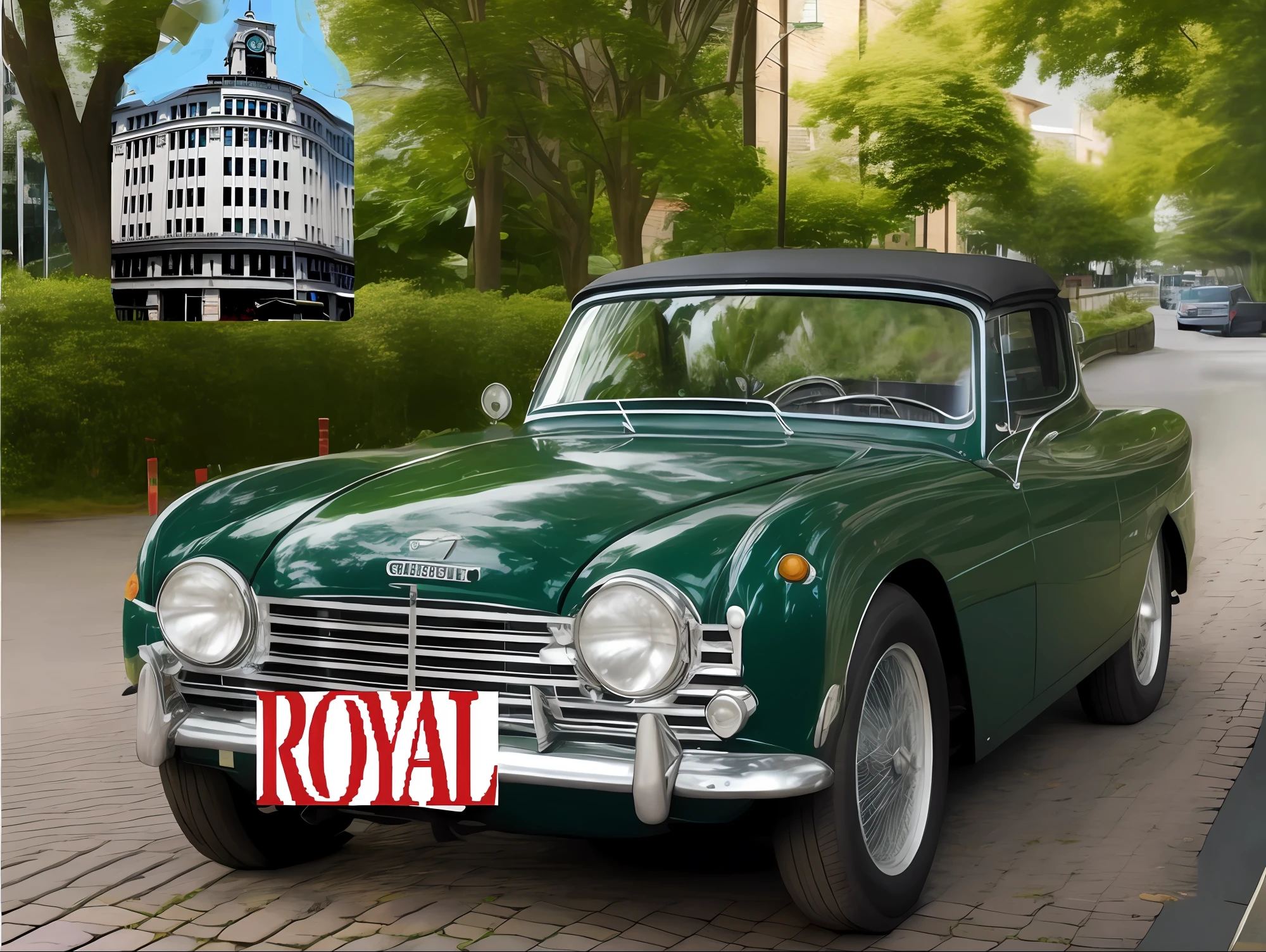 Green cars parked on the side of the road, Royal Green and Nature Light, hali々and classic look, Royal Interior, English street background, Royal style, render, royal garden background, royal elegant pose, royal emperor, Royal Photo, by Thomas Dalziel, royal crown, royalty, Royal Lee, Wallpaper!, photorender, triumph, with an intricate!!