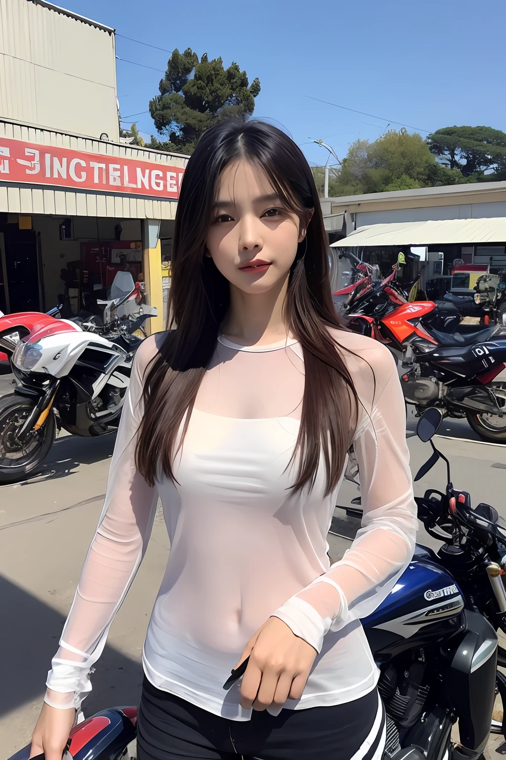 (extra detailed body、extra detailed face、best qualtiy:1.2)、femele、looking at the viewers、(See-through tops、JINS)、(Motorcycle garage in the background:1.4)