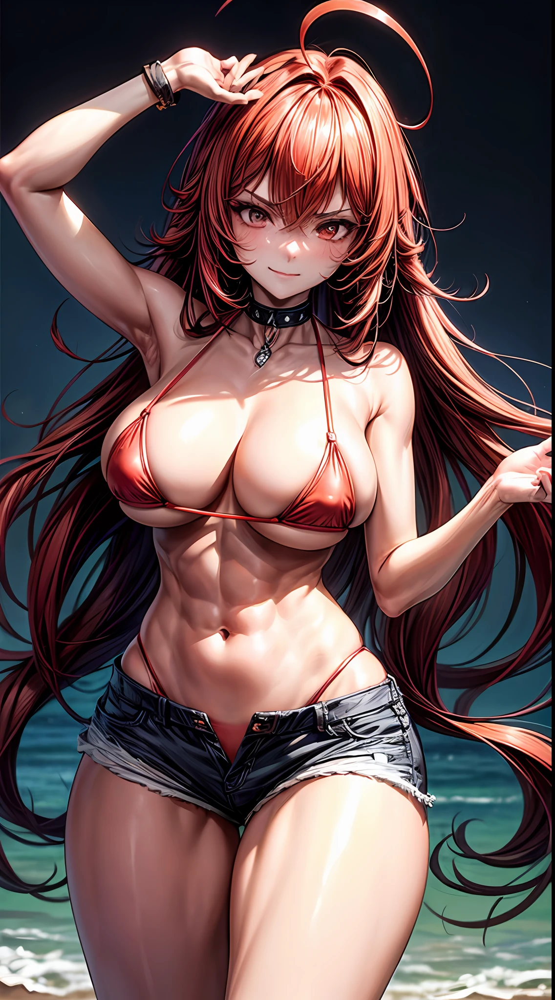 [(Transparent Background: 1.5)::5],(((Masterpiece))),(((Best Quality))),(((Extremely Detailed))), Illustration, (High Resolution), High Quality, Perfect Line Art, 1 girl, tall woman: 1, long hair, incandescent red hair, bulky body, (big breasts) big ass: 1.3), thick thighs, slim waist, ripped abs: 1, rude attitude, evil smile, piercing gaze, frown , blushing, flirtatious: 1, beautiful body, beautiful fair skin, detailed skin, sexy clothes, ((short shorts. red micro bikini)), marked nipples on clothes, sexy pose, dynamic pose, one hand on her neck. one hand on the waist: 1, simple background, a paradisiacal beach