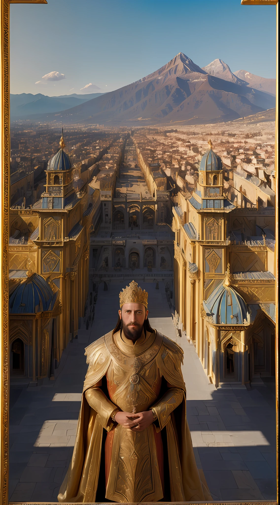 (masterpiece, best quality, Rutkowski style:1.4), King Xerxes I, (authoritative expression:1.2), ornate royal attire, royal court, lavish palaces, carved reliefs, expansive cityscape, bustling crowd, high mountains in distance, clear blue sky, (sun casting long shadows:1.3), old photograph texture, cool colors, grand, panoramic view.