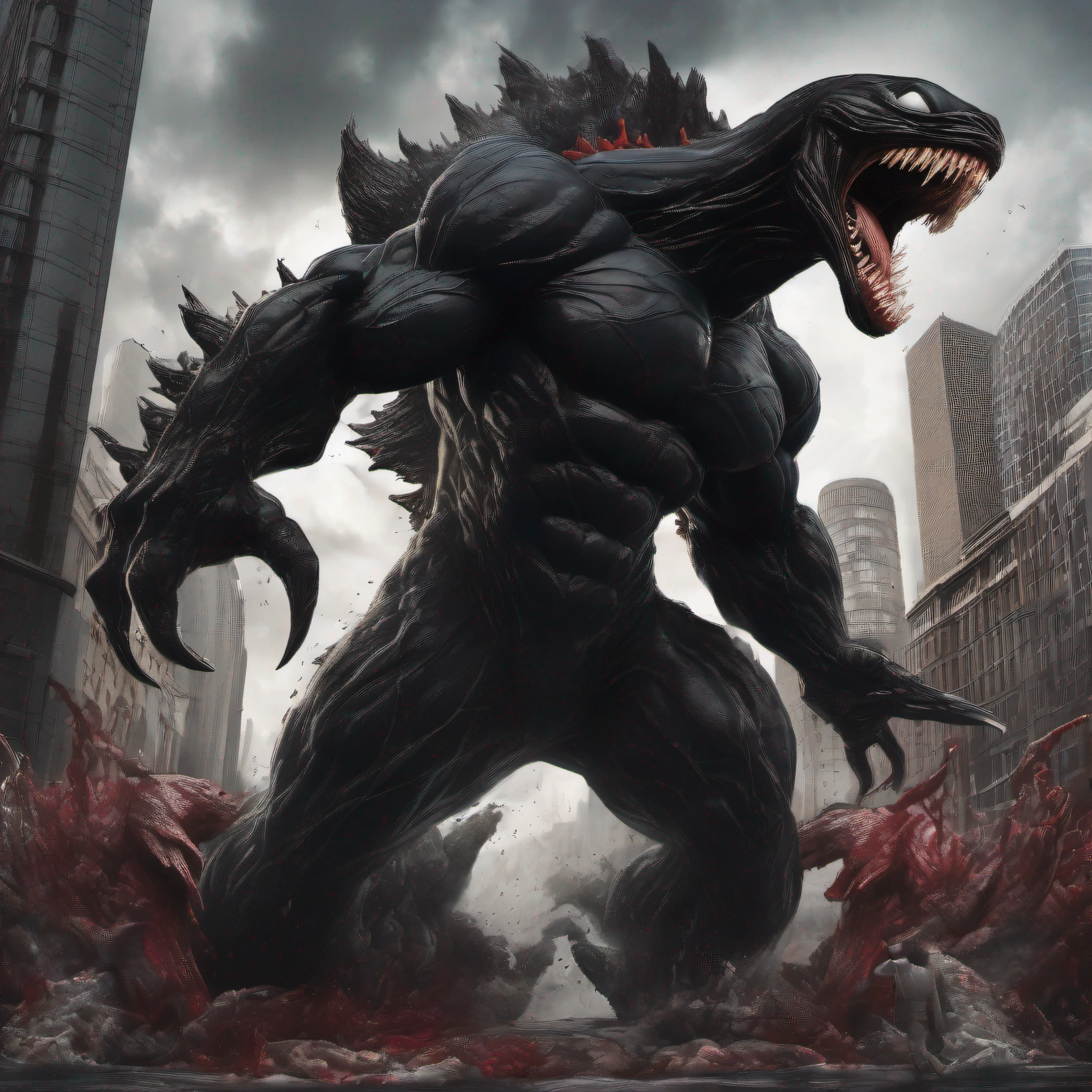 (perfect mix between venom and godzilla:1.9), with venom's black tentacles protruding from his entire body, destroying city, blood, epic, cataclysmic, gargantuan, absurdres, best quality, realistic style