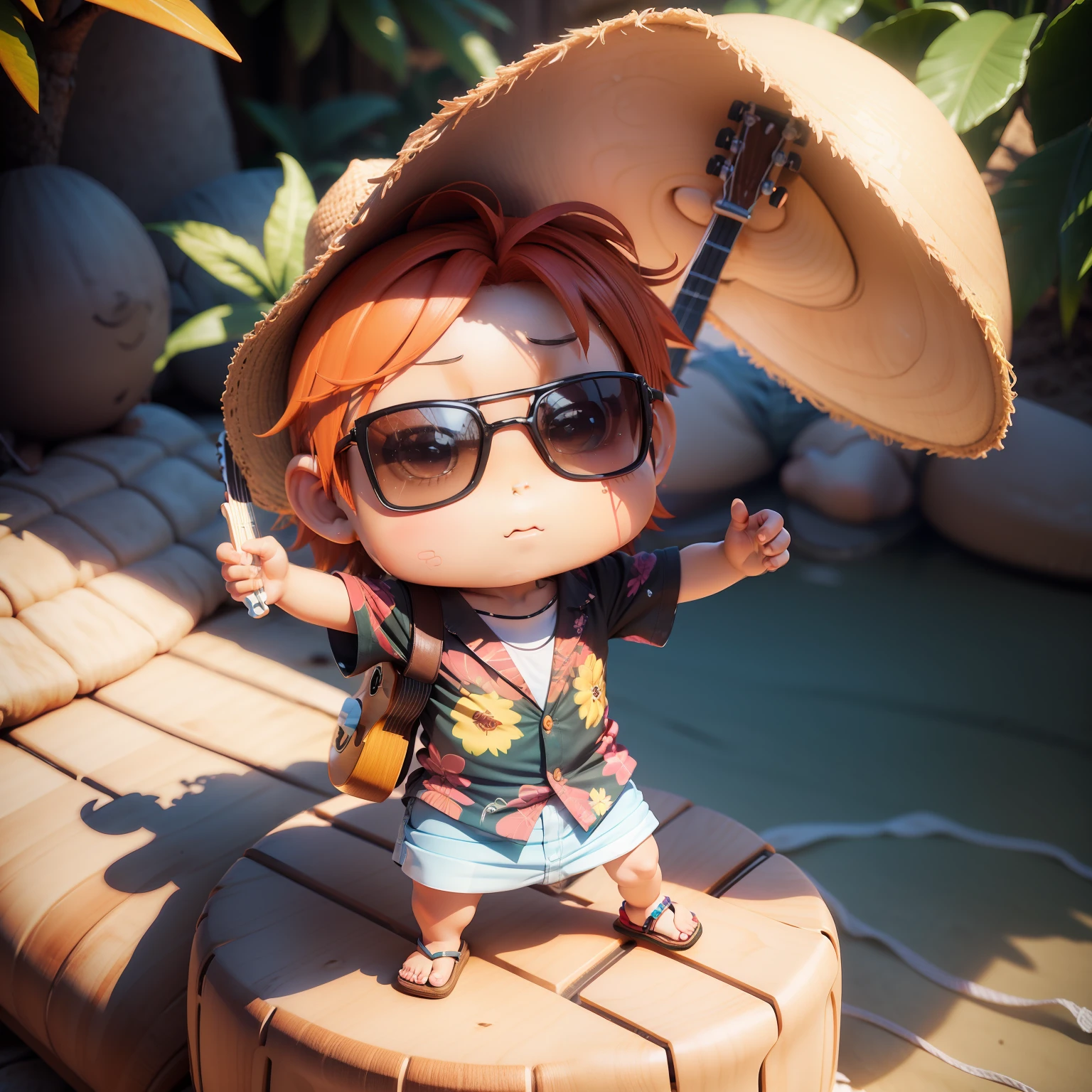 (((chibi 3d))),Boy 1,Aloha shirts,White surf pants,flipflops,Playing the ukulele,Avant-garde sunglasses, panama hat