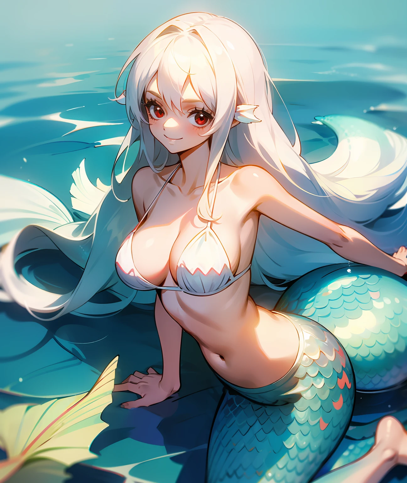 1girl, white hair, long hair, red eyes, cute face, cute, white clothing, revealing, big chest, bra, bikini, mermaid, tail, mermaid, water, smile, big eyes, soft, cute