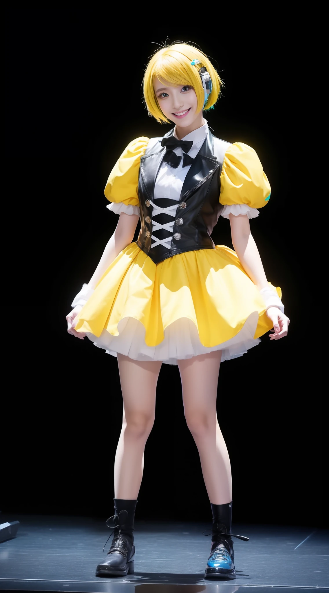 (((Top image quality、8K、​masterpiece、top-quality、1人の女性)))、((Beautie、Beautuful Women、kawaii、The face is orderly、Double eyelids、The whole body is shown))、(ighly detailed:1,3)、Cosplay、Shortcut Hair、Yellow head hair、In-game world、Wearing Hatsune Miku's clothes、Live performance venue、stage、Like a virtual artist、Crystal clear smile、Fan Service