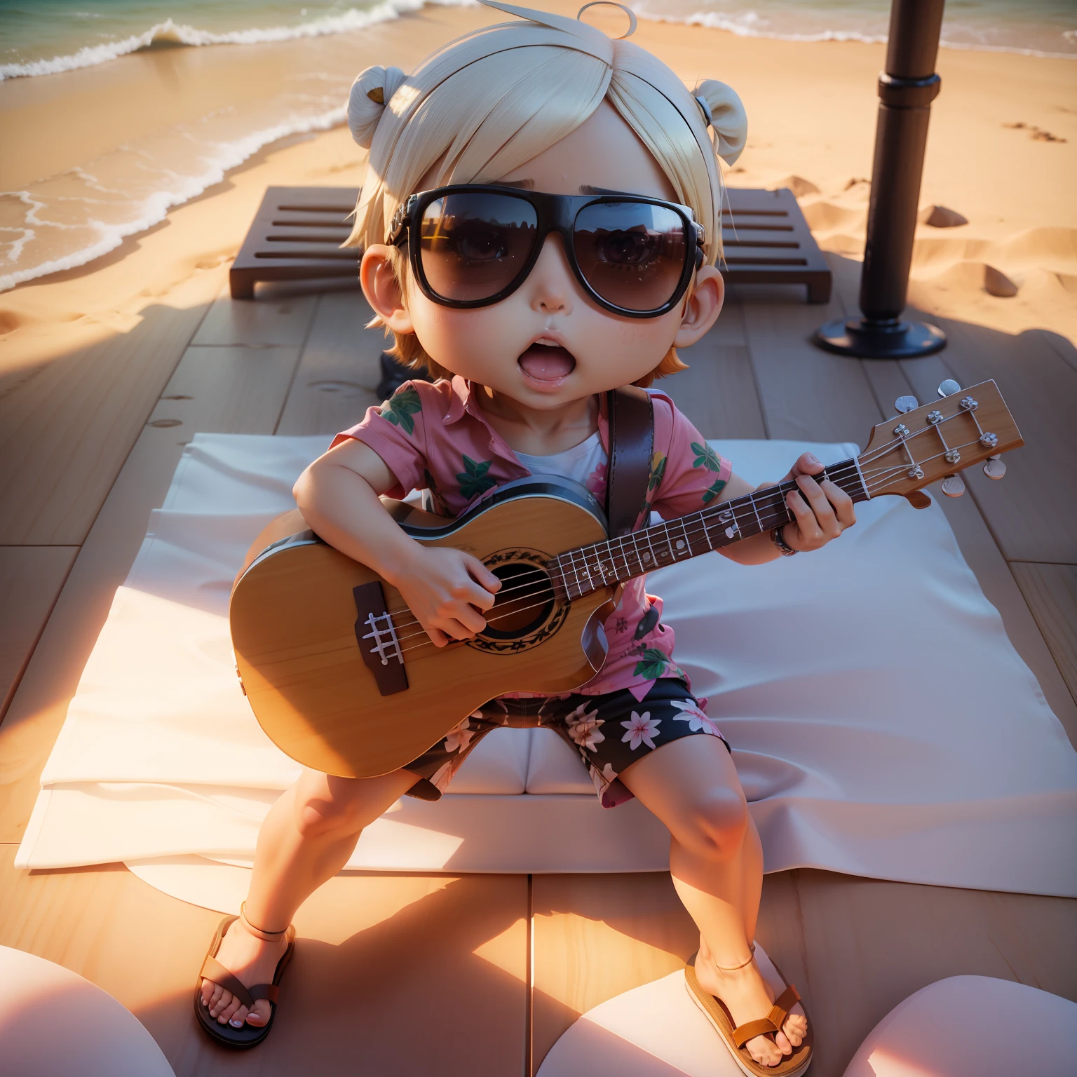 (((Chibi 3D))),Boy 1,Aloha shirts,White surf pants,flipflops,Play the ukulele,Avant-garde sunglasses, Panama has