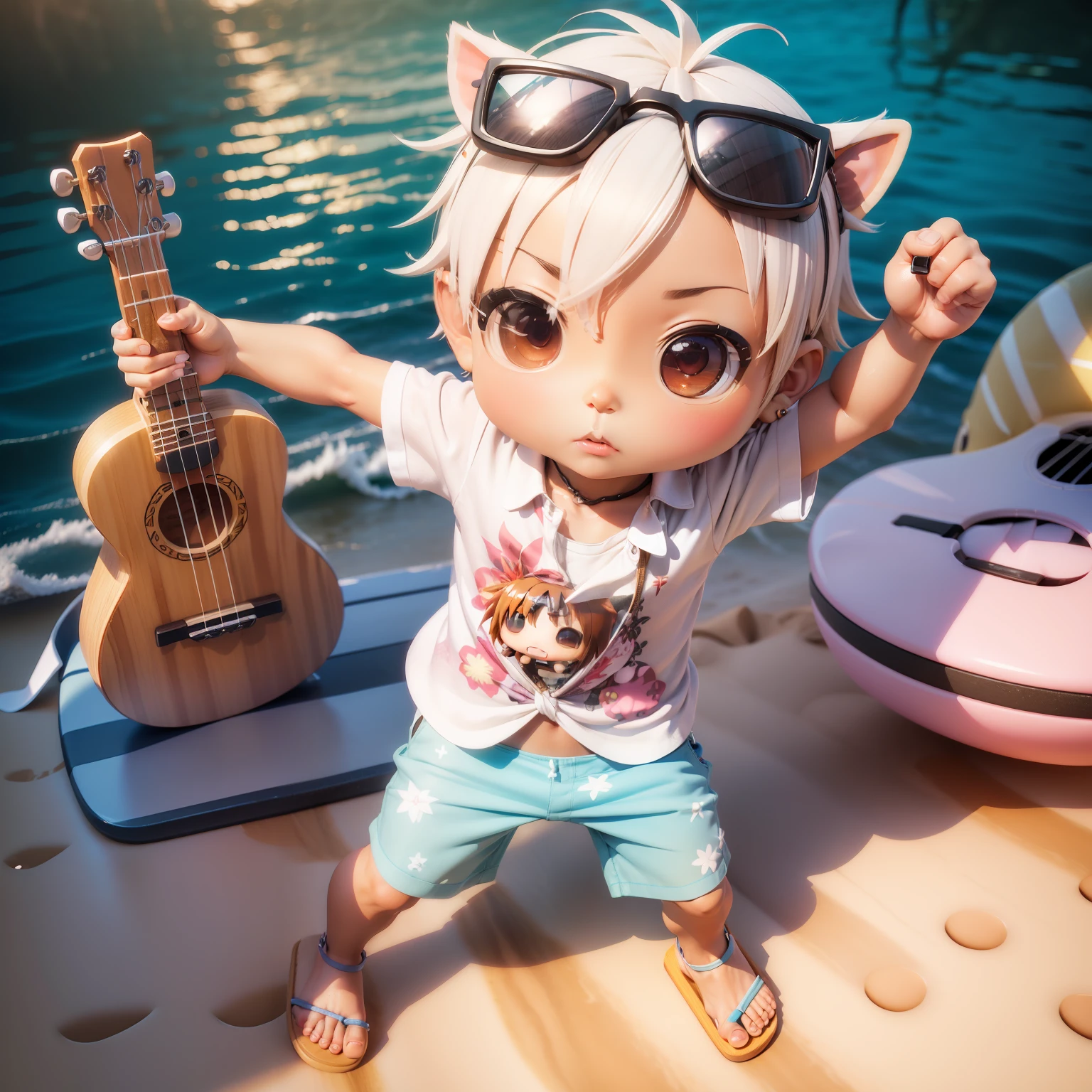 (((Chibi 3D))),Boy 1,Aloha shirts,White surf pants,flipflops,Play the ukulele,Avant-garde sunglasses, Panama has