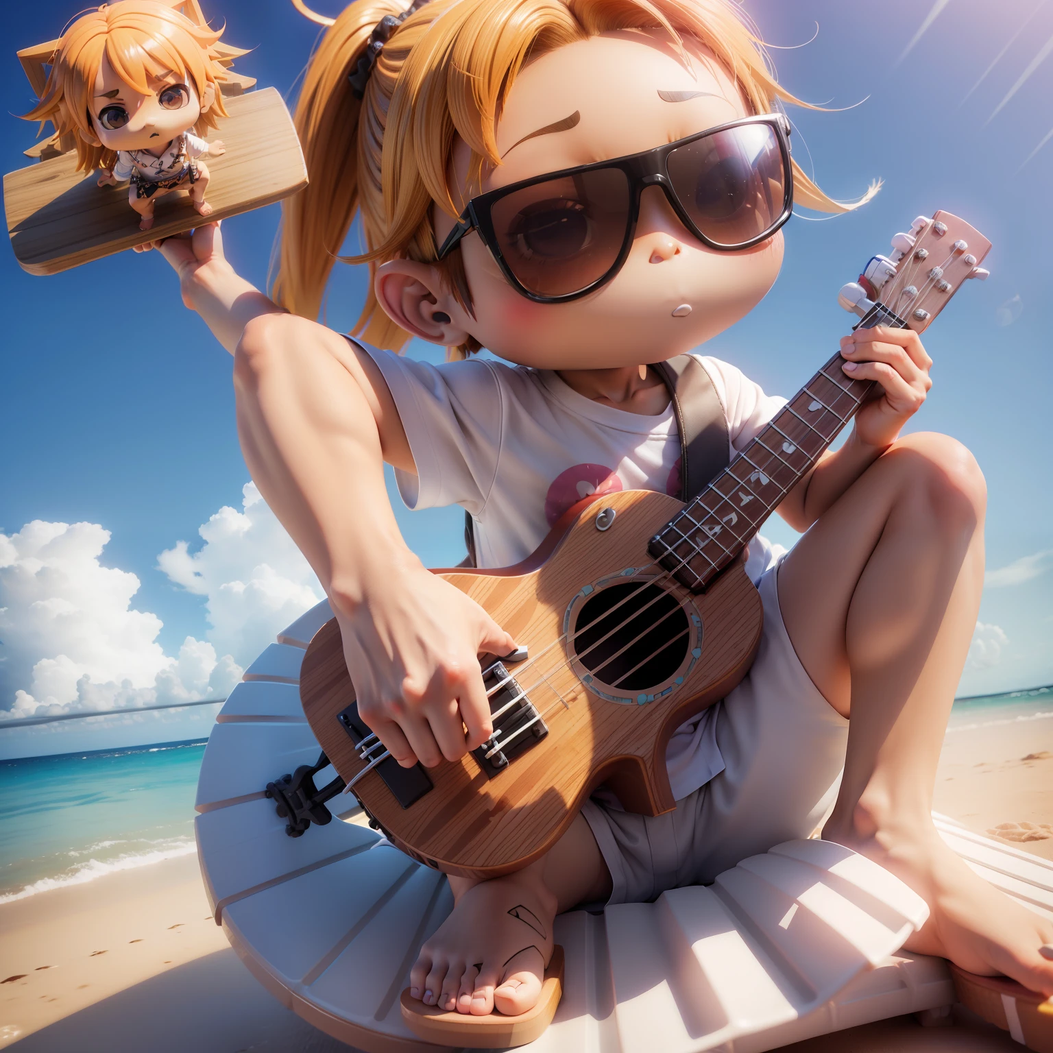 (((Chibi 3D))),Boy 1,Aloha shirts,White surf pants,flipflops,Play the ukulele,Avant-garde sunglasses, Panama has