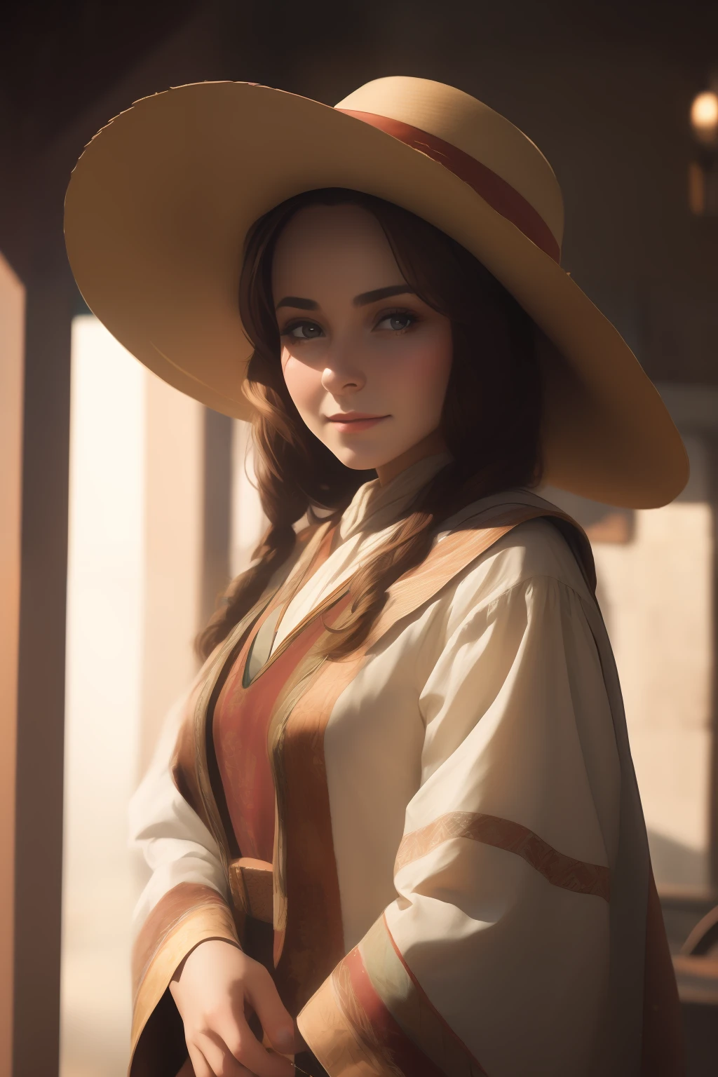 Texas woman wearing an old hat dressed in traditional clothes light brown hair brown eyes 8K –V 5