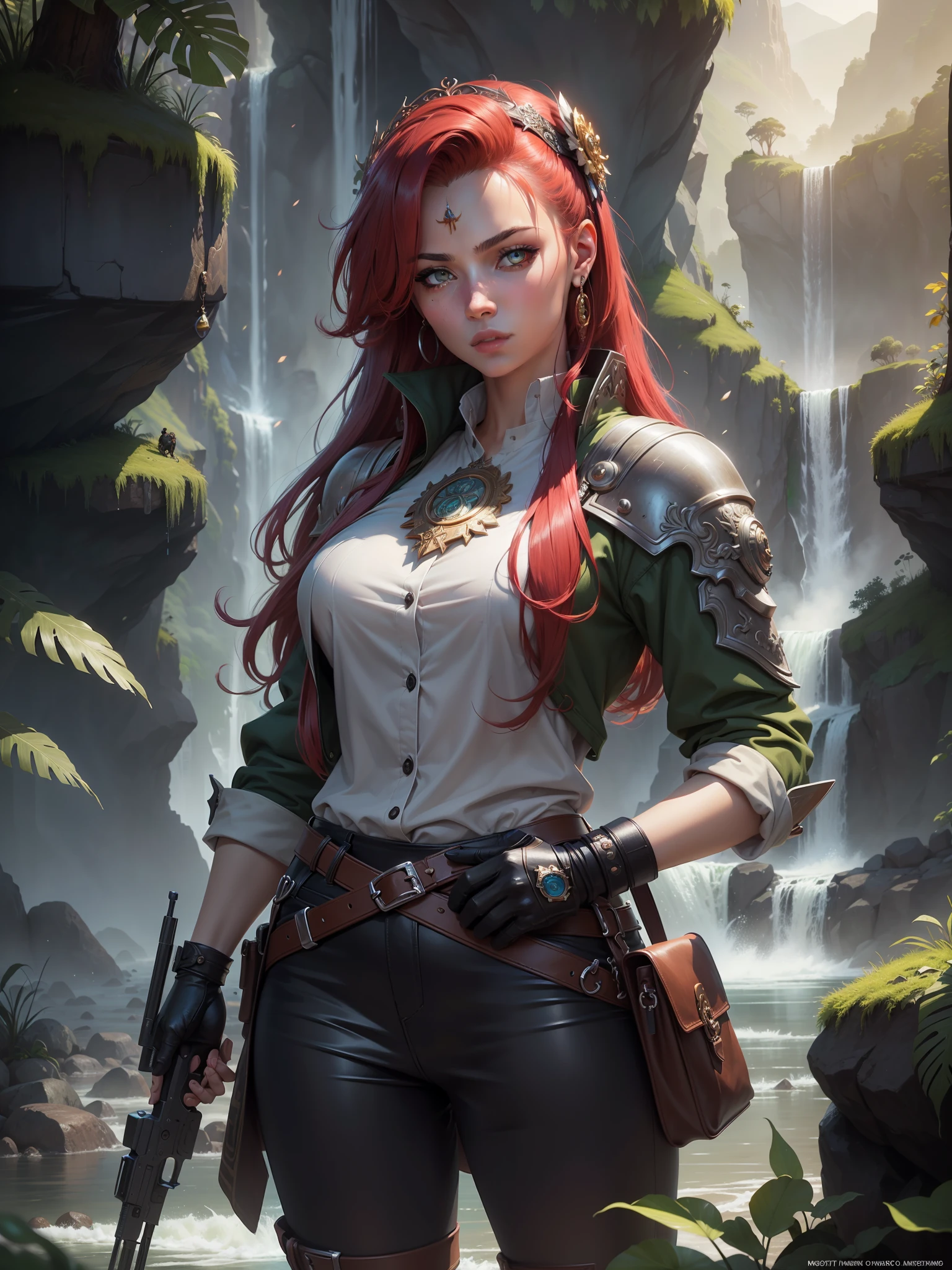 (masterpiece:1.2), original, masterpiece, best quality, official art, (extremely detailed 8k wallpaper), (extremely fine and beautiful:1.2), (beautiful and clear background) ,fashionmonkey, gorilla, gun, , gloves,army coat, holding, guns, solo, with a waterfall, paradise in the background, red hair, beautiful face, green eyes, ((silver filigree)), Ivory accessories, intricate, highly detailed, in Inca city of gold, 8k digital painting, concept art, sharp focus, cinematic lighting, illustration, best quality, beautiful face