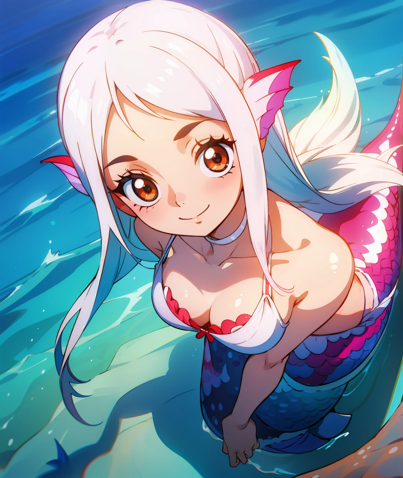 1girl, white hair, long hair, red eyes, cute face, cute, white clothing, revealing, big chest, bra, bikini, mermaid, tail, mermaid, water, smile, big eyes, soft, cute