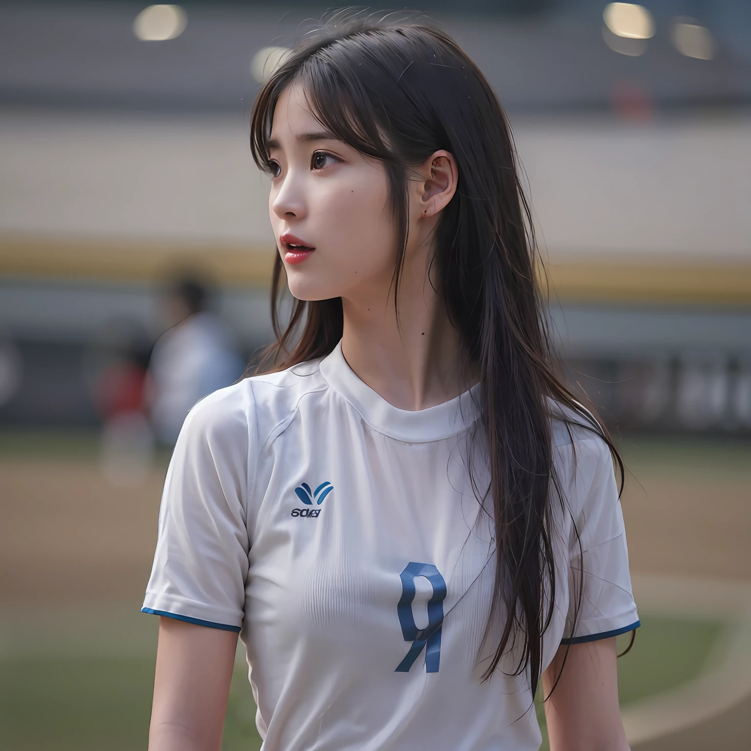 nikon RAW photo,8 k,Fujifilm XT3,photorealistic,realistic, solo, photorealistic, best quality, ultra high res, (skin spots:0.1) hot expression, , standing against a soccer field, woman soccer tight sexy suit, soccer south korean lady clothes, masterpiece, best quality, extremely detailed face, perfect lighting, solo,1girl, sexy sight best quality, ultra high res, photorealistic, ultra detailed, masterpiece, best quality, iu1, tiny nice butt, photoshoot