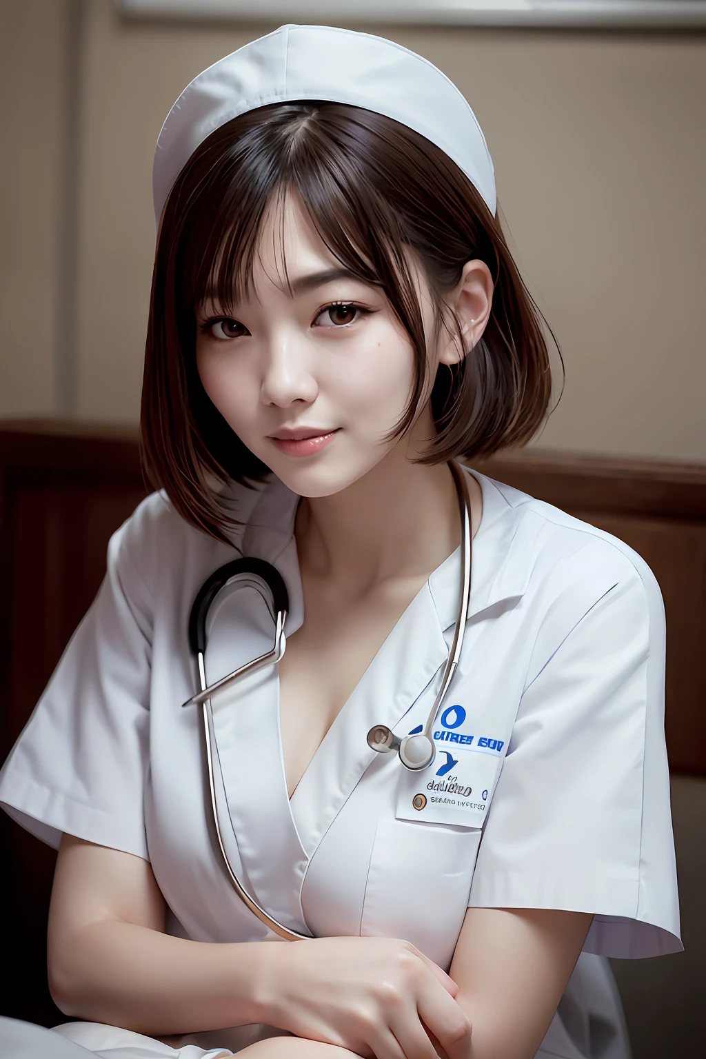 (top-quality、​masterpiece、电影灯光、)、phot of a beautiful Japanese women、Glossy reddish-brown shorthair、hair pin、disheveled hair、Floating hair、beauitful face、Slouched、crouching down、(Nurse、nurse's outfit、No nurse cap、Wrap the stethoscope around your neck、)Beautiful chest line、Hourglass body、A smile that captivates the viewer、Look into the cameraman and talk、Hospital Patient Rooms、Bring your face closer、shinny skin、Bold sexy poses、Beautiful Finger、